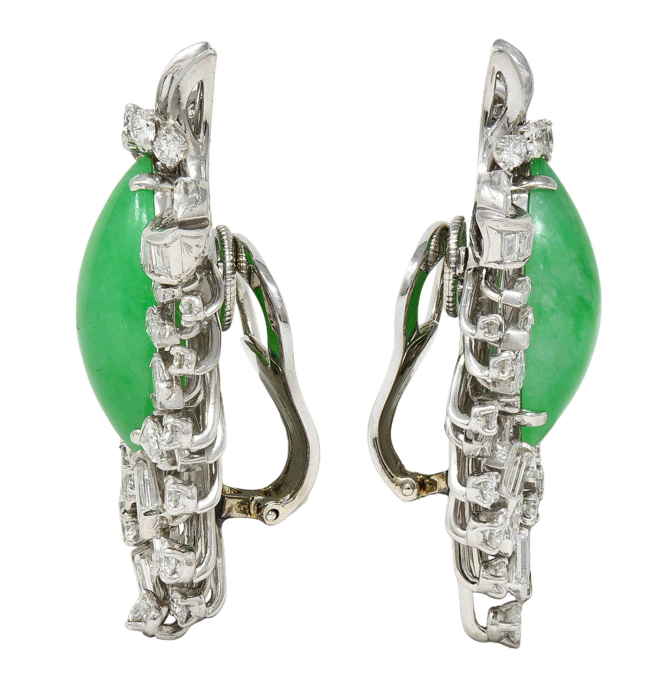 J.E. Caldwell Mid-Century Jade Diamond Platinum Vintage Spray Ear-Clip Earrings