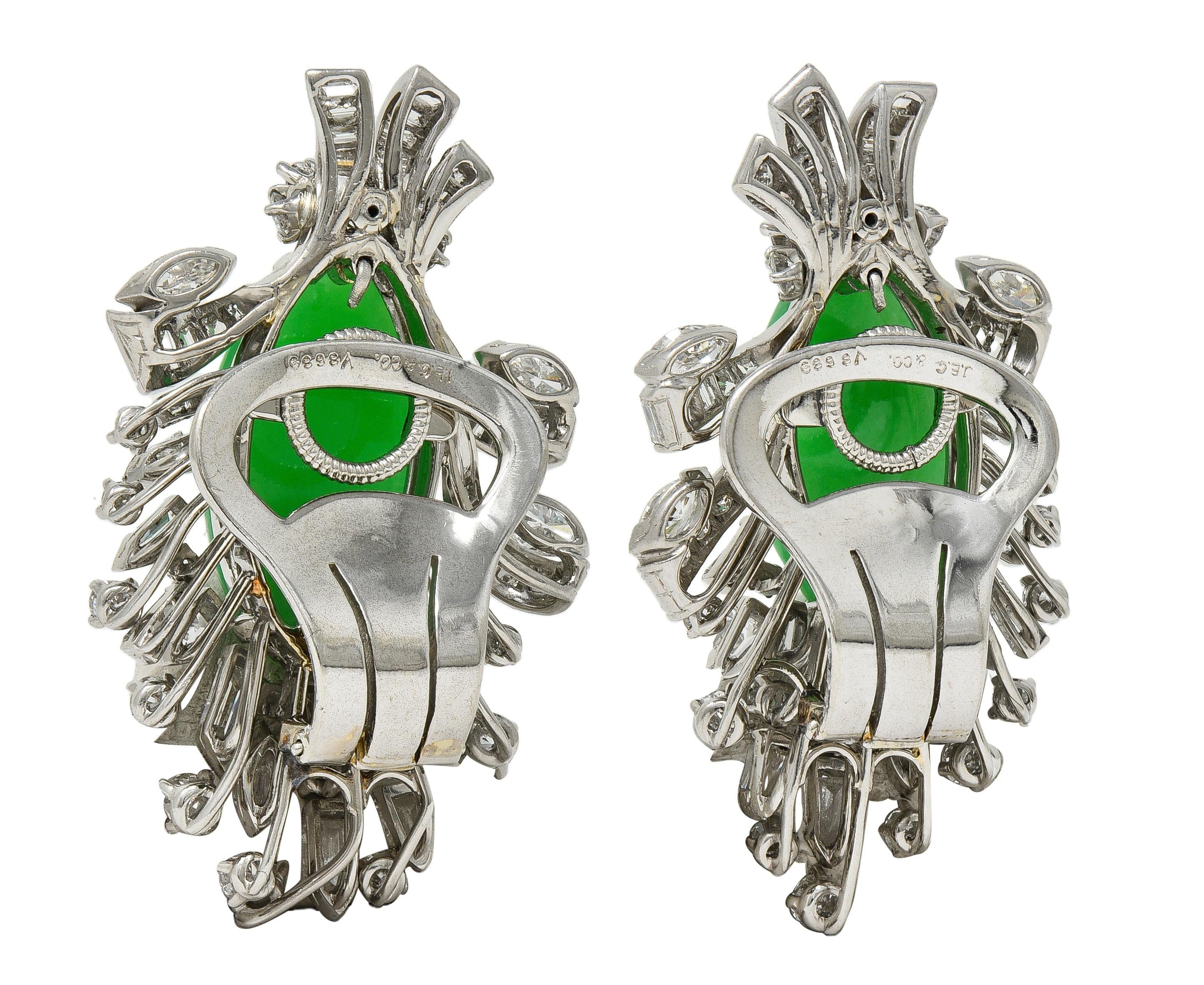 J.E. Caldwell Mid-Century Jade Diamond Platinum Vintage Spray Ear-Clip Earrings