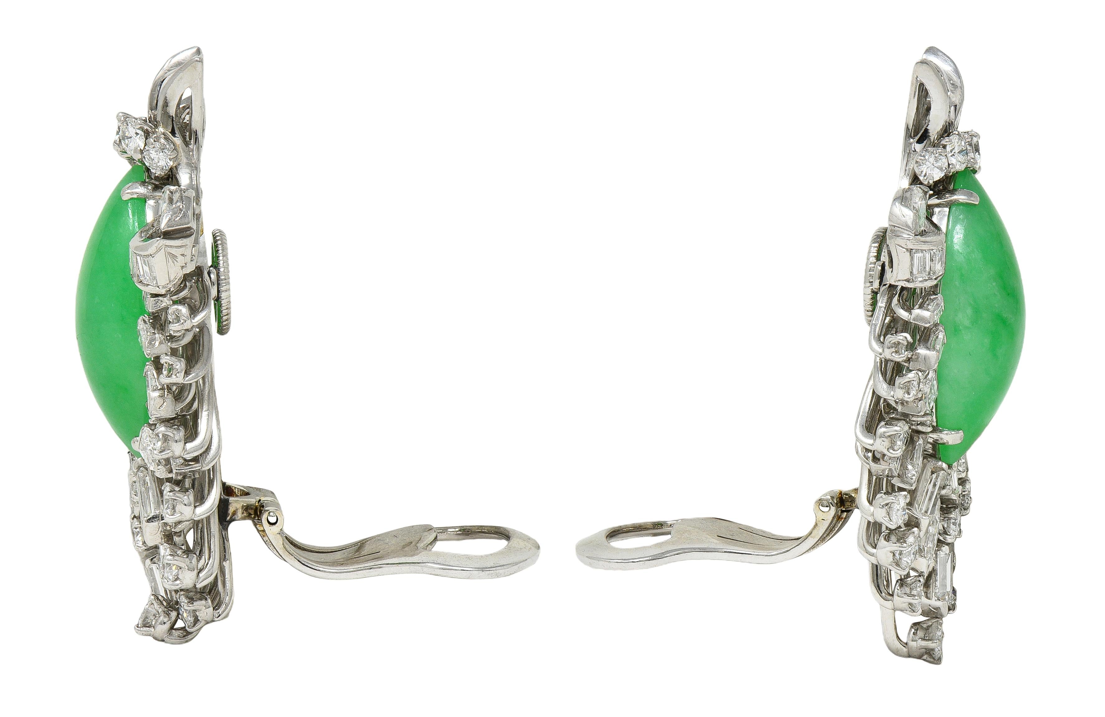 J.E. Caldwell Mid-Century Jade Diamond Platinum Vintage Spray Ear-Clip Earrings