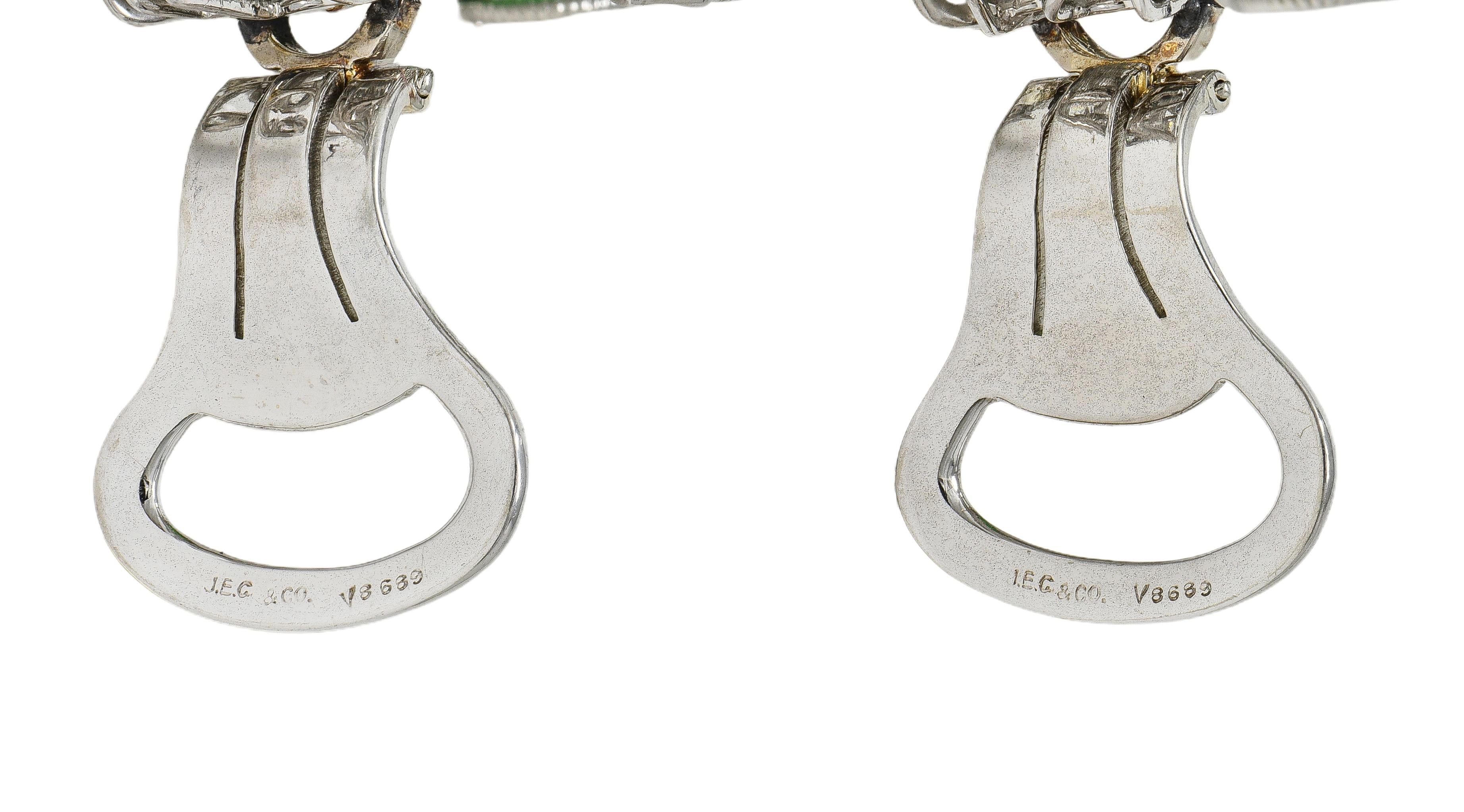 J.E. Caldwell Mid-Century Jade Diamond Platinum Vintage Spray Ear-Clip Earrings