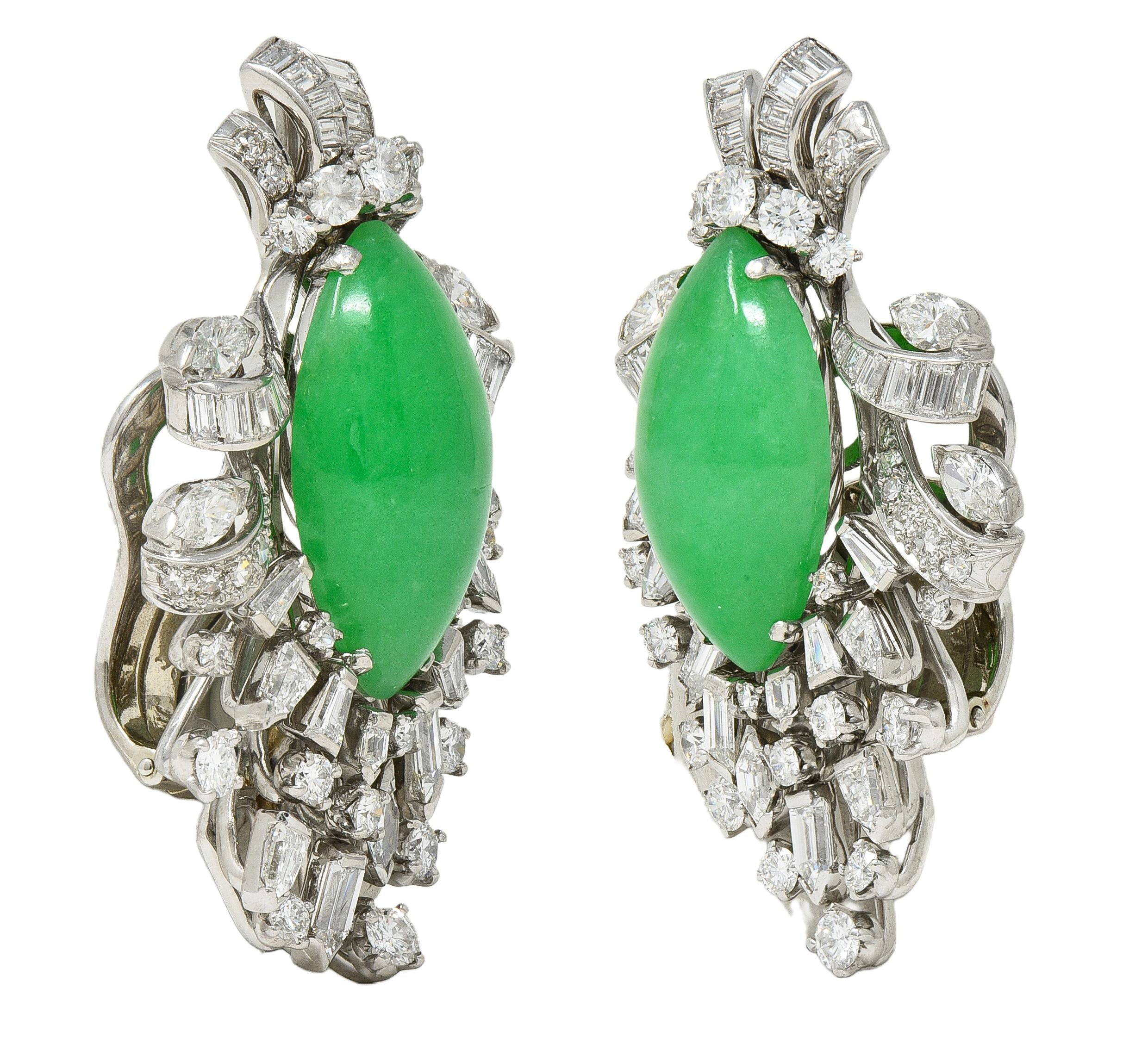 J.E. Caldwell Mid-Century Jade Diamond Platinum Vintage Spray Ear-Clip Earrings