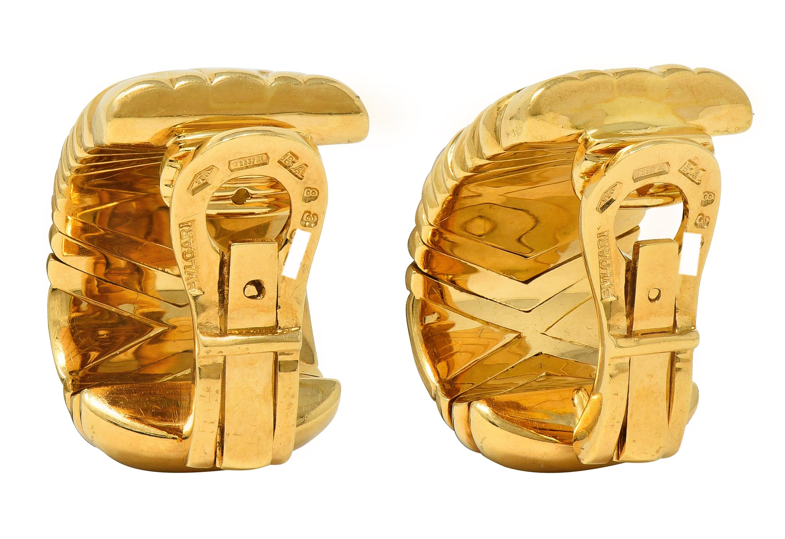 Bulgari 1990's 18 Karat Yellow Gold Vintage Alveare J-Hoop Ear-Clip Earrings
