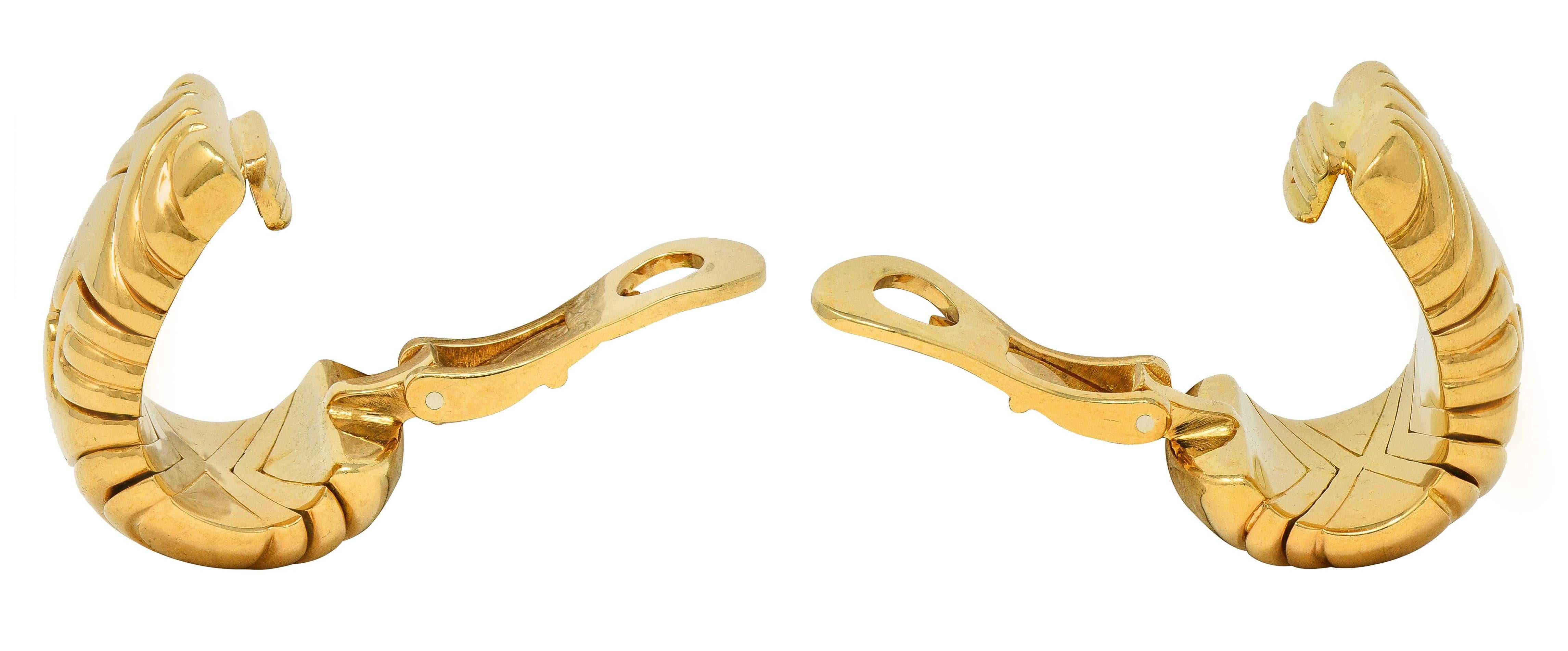 Bulgari 1990's 18 Karat Yellow Gold Vintage Alveare J-Hoop Ear-Clip Earrings