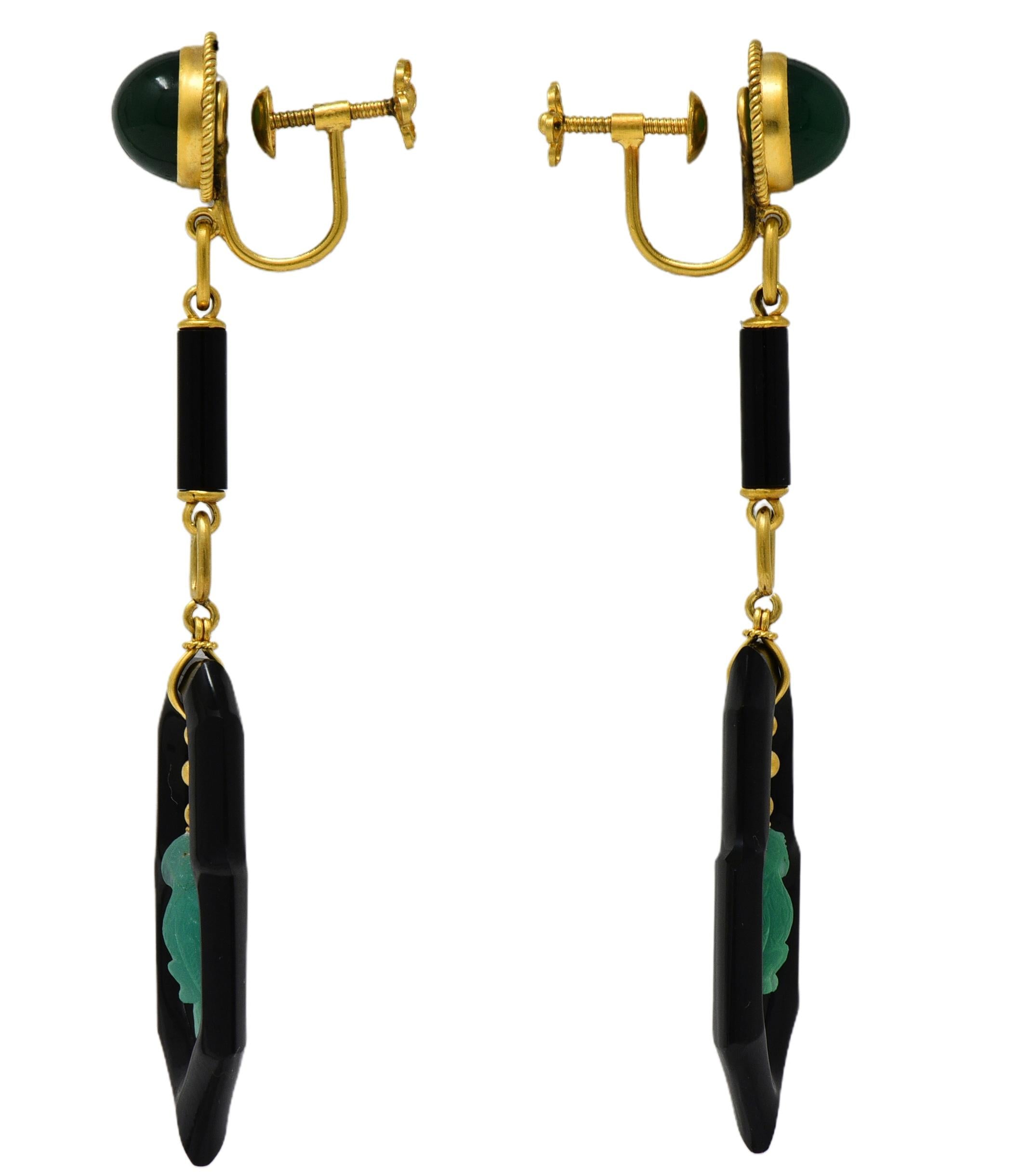 Art Deco Chrysoprase Onyx 14K Yellow Gold Owl Antique Screw-Back Drop Earrings