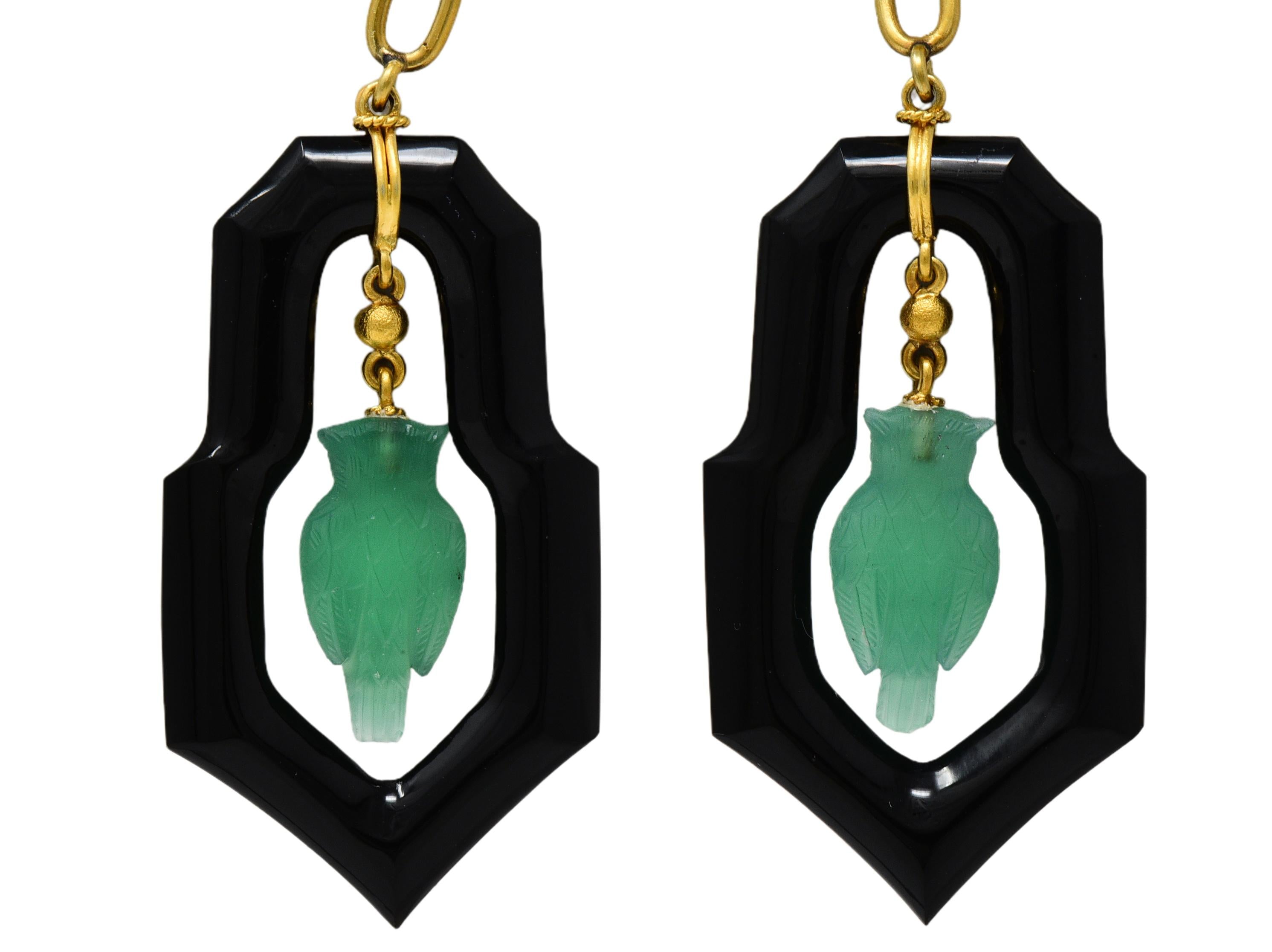 Art Deco Chrysoprase Onyx 14K Yellow Gold Owl Antique Screw-Back Drop Earrings