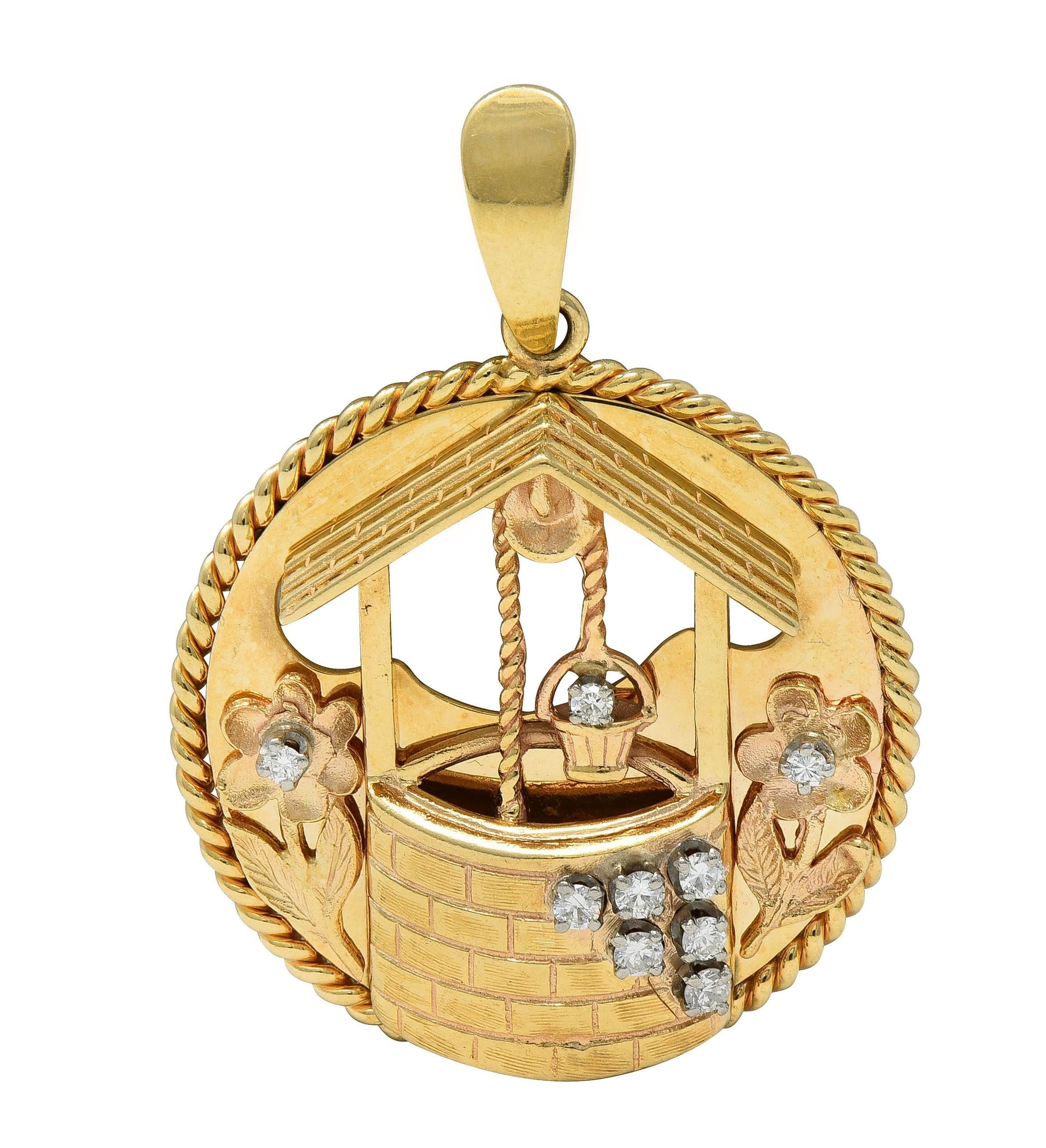 1950's Diamond 14 Karat Yellow Gold Vintage Wishing Well Pendant Charm