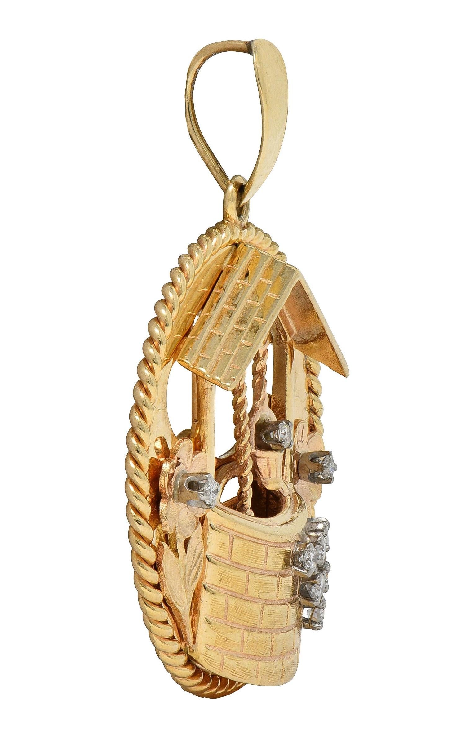 1950's Diamond 14 Karat Yellow Gold Vintage Wishing Well Pendant Charm
