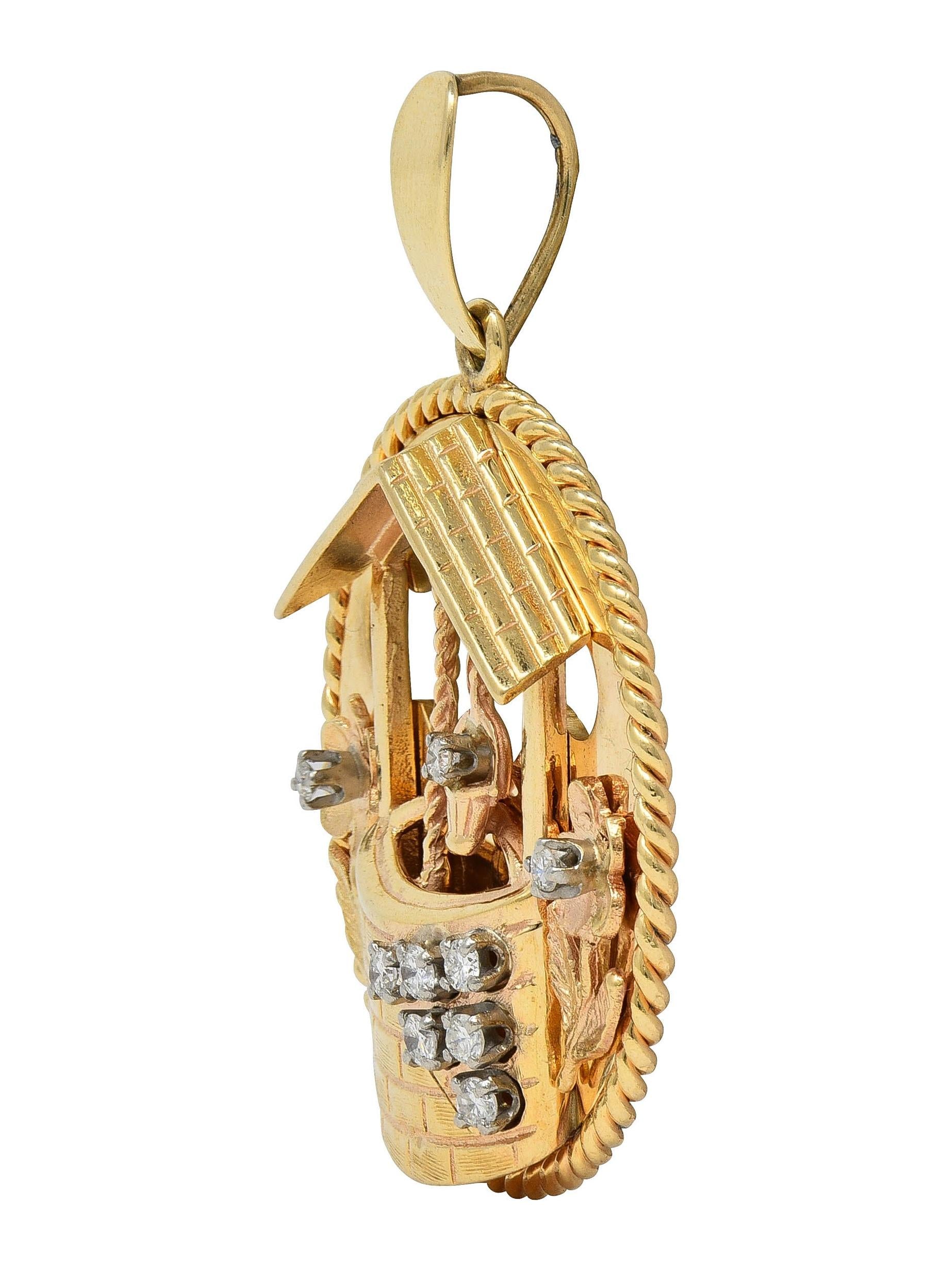 1950's Diamond 14 Karat Yellow Gold Vintage Wishing Well Pendant Charm