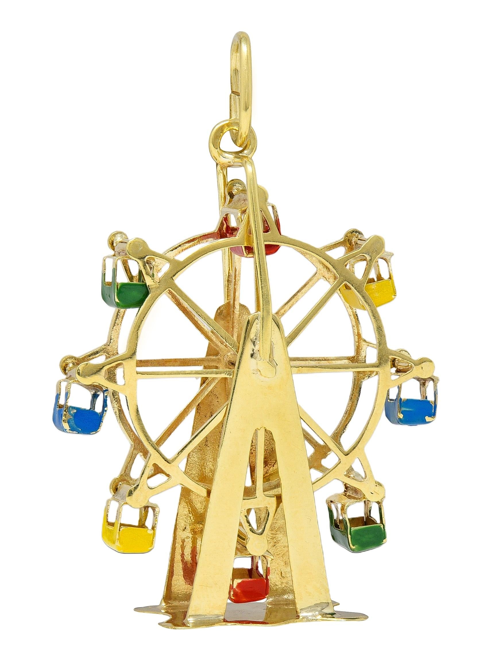 1960's Enamel 14 Karat Yellow Gold Vintage Ferris Wheel Pendant Charm