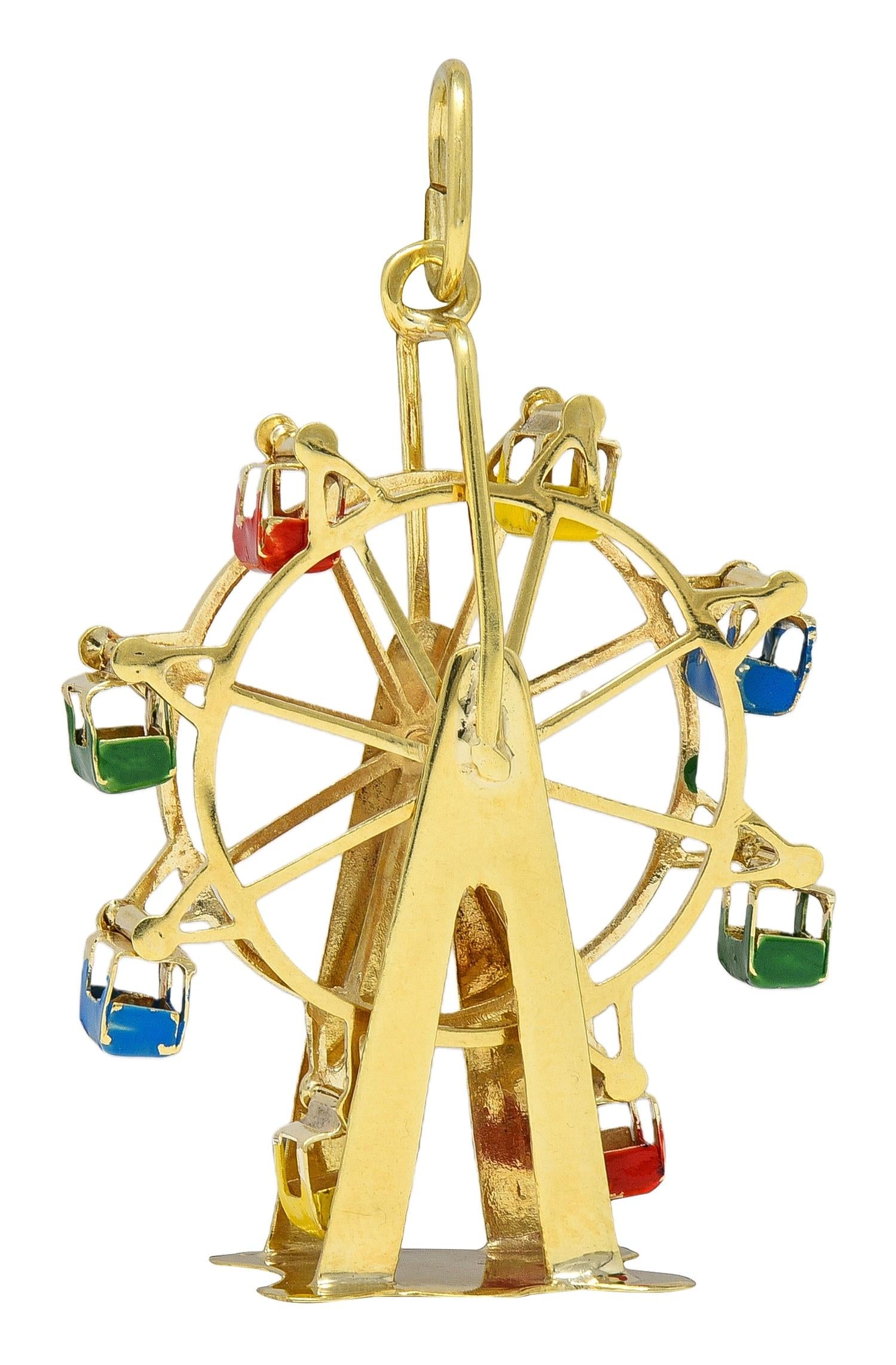 1960's Enamel 14 Karat Yellow Gold Vintage Ferris Wheel Pendant Charm