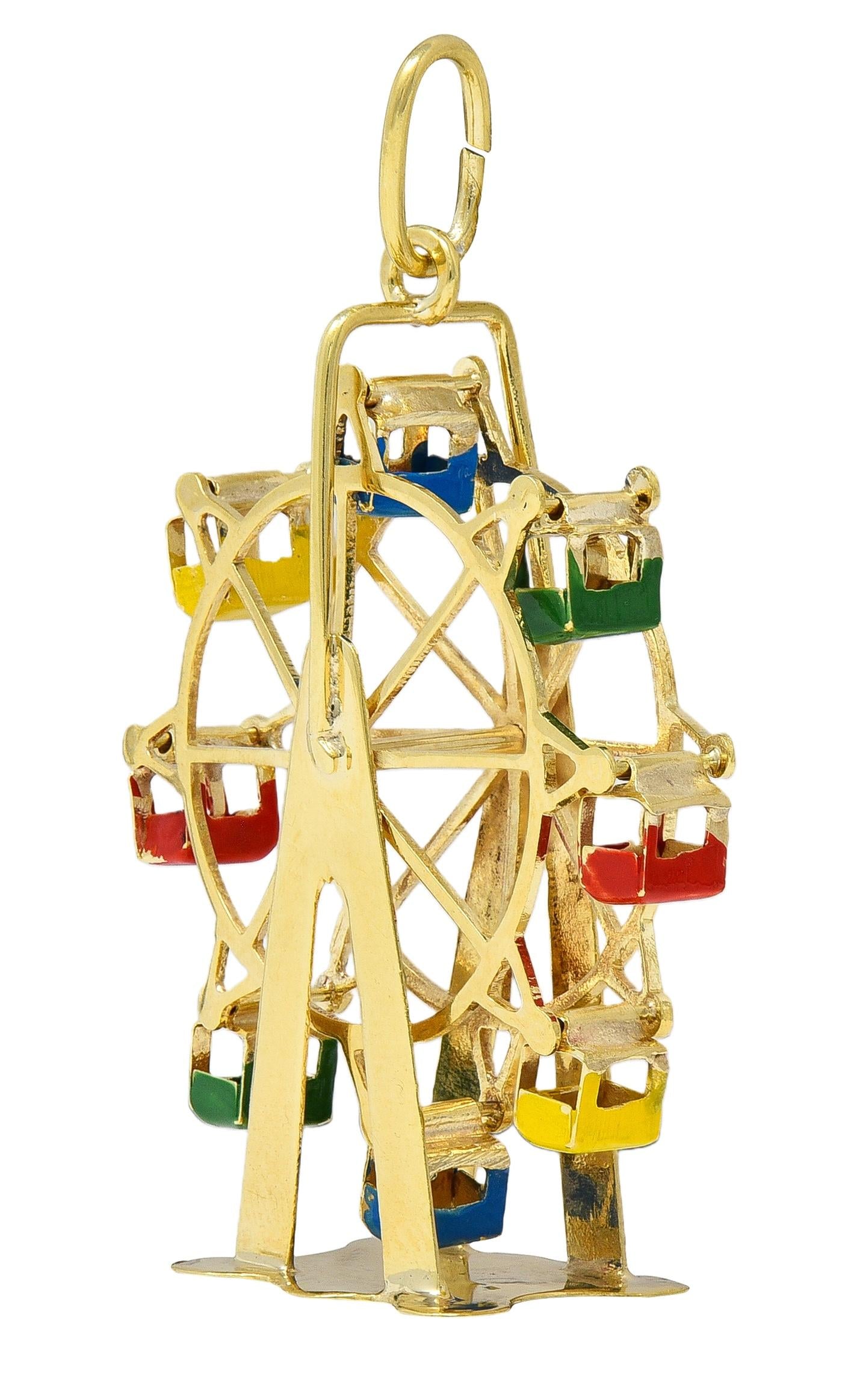 1960's Enamel 14 Karat Yellow Gold Vintage Ferris Wheel Pendant Charm