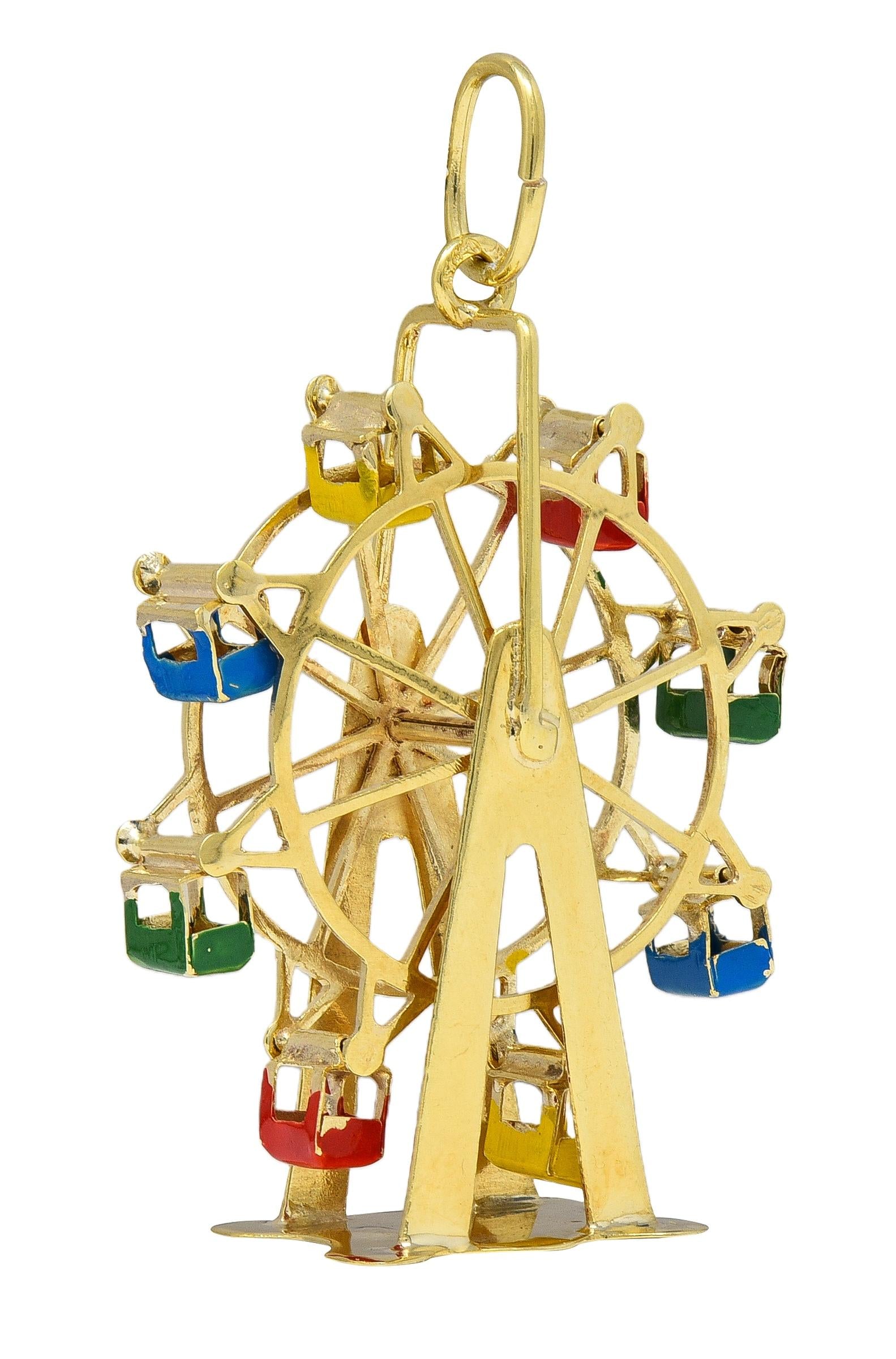1960's Enamel 14 Karat Yellow Gold Vintage Ferris Wheel Pendant Charm