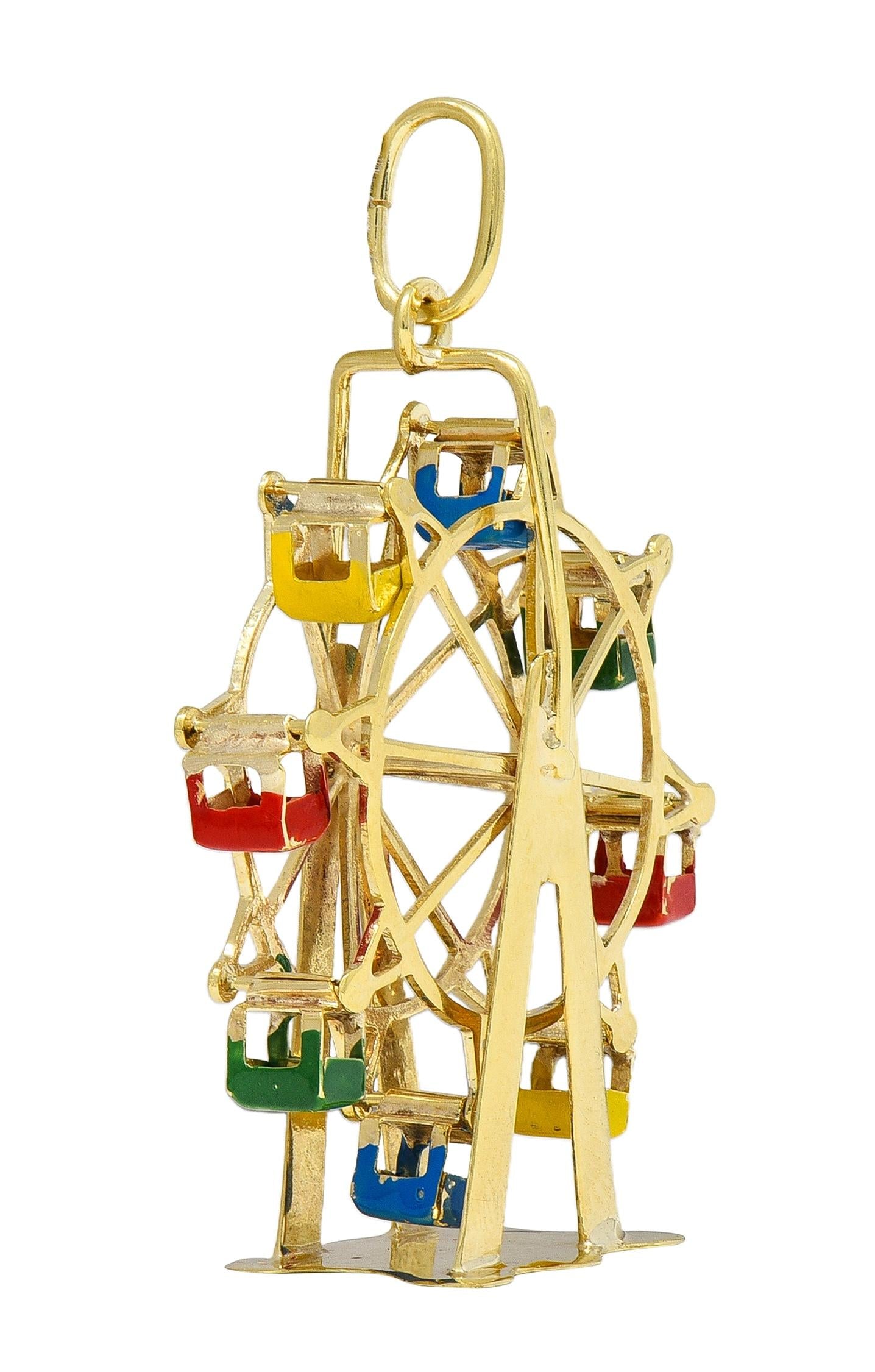 1960's Enamel 14 Karat Yellow Gold Vintage Ferris Wheel Pendant Charm