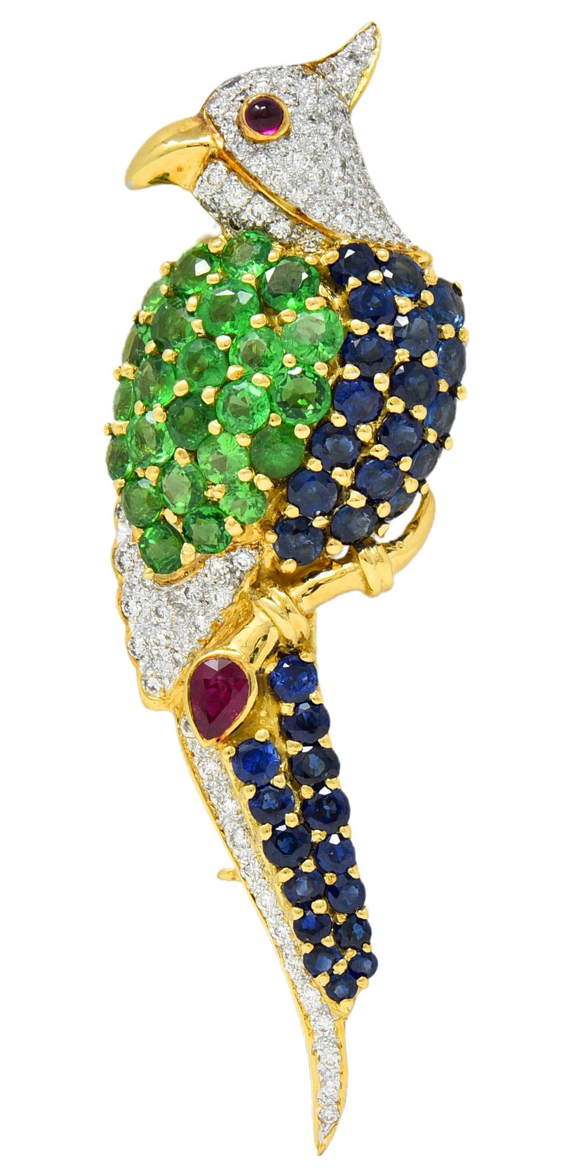 Sapphire Diamond Multi-Gem 18 Karat Yellow Gold Vintage Cockatiel Bird Brooch