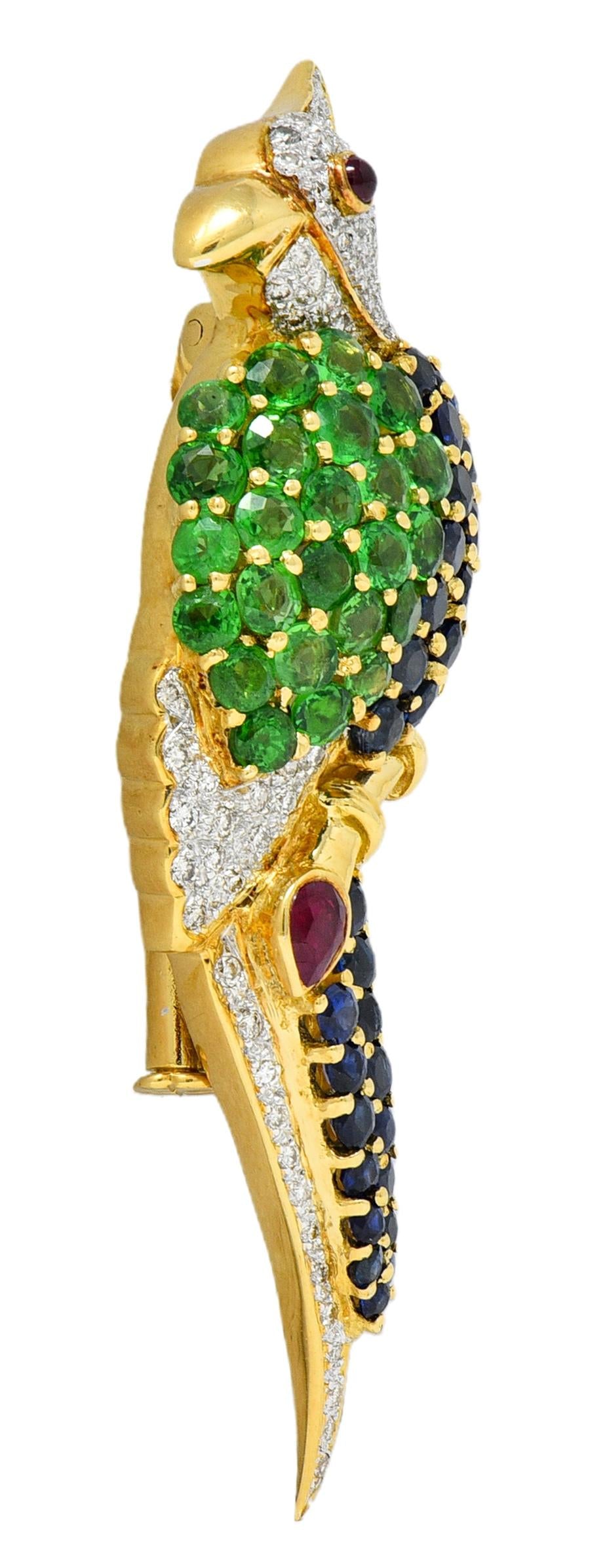 Sapphire Diamond Multi-Gem 18 Karat Yellow Gold Vintage Cockatiel Bird Brooch