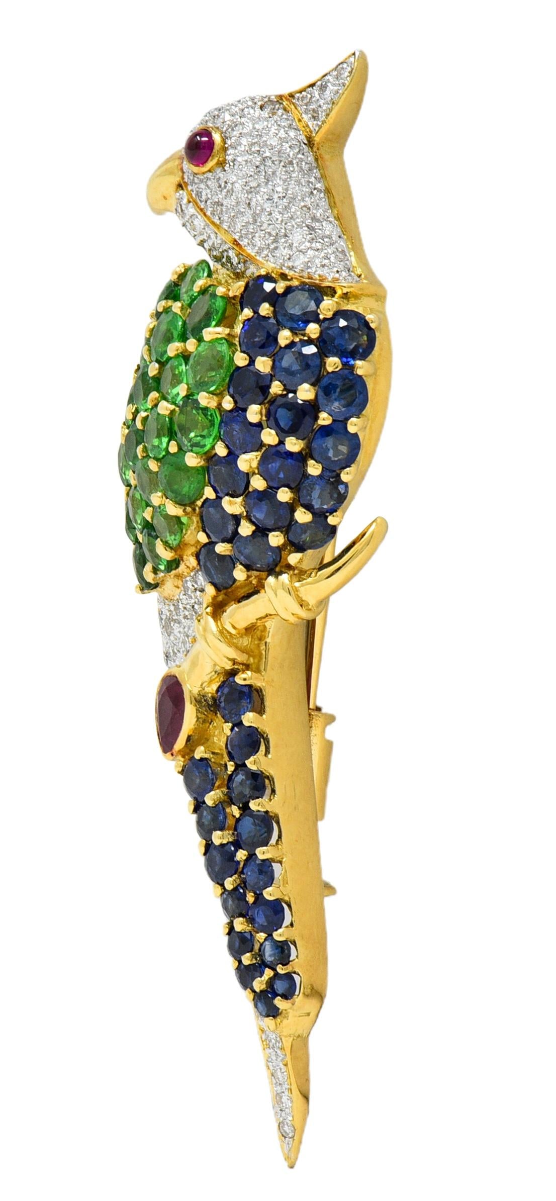 Sapphire Diamond Multi-Gem 18 Karat Yellow Gold Vintage Cockatiel Bird Brooch
