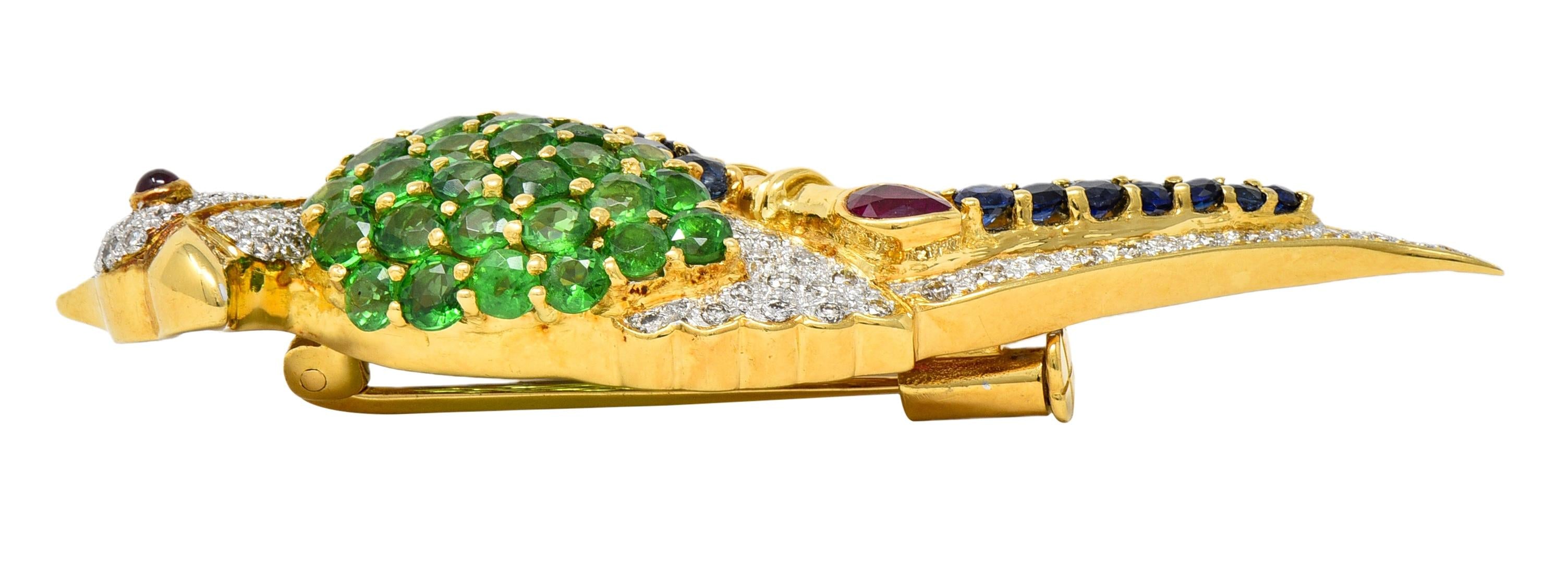 Sapphire Diamond Multi-Gem 18 Karat Yellow Gold Vintage Cockatiel Bird Brooch
