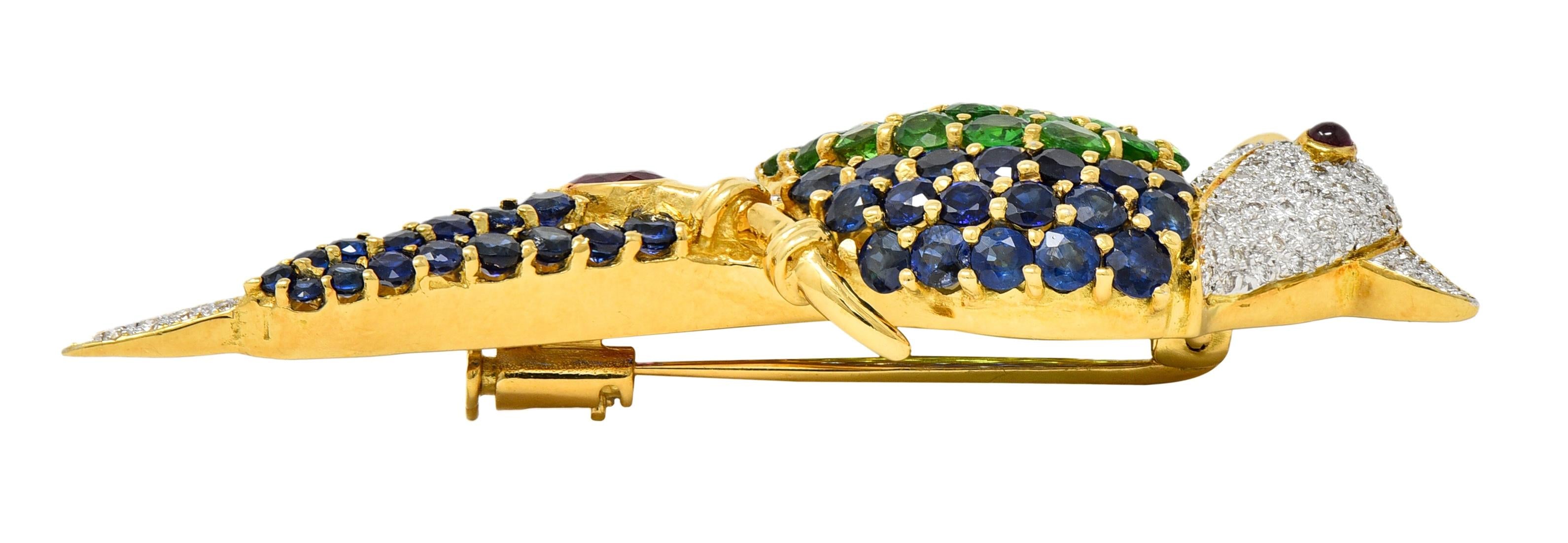 Sapphire Diamond Multi-Gem 18 Karat Yellow Gold Vintage Cockatiel Bird Brooch