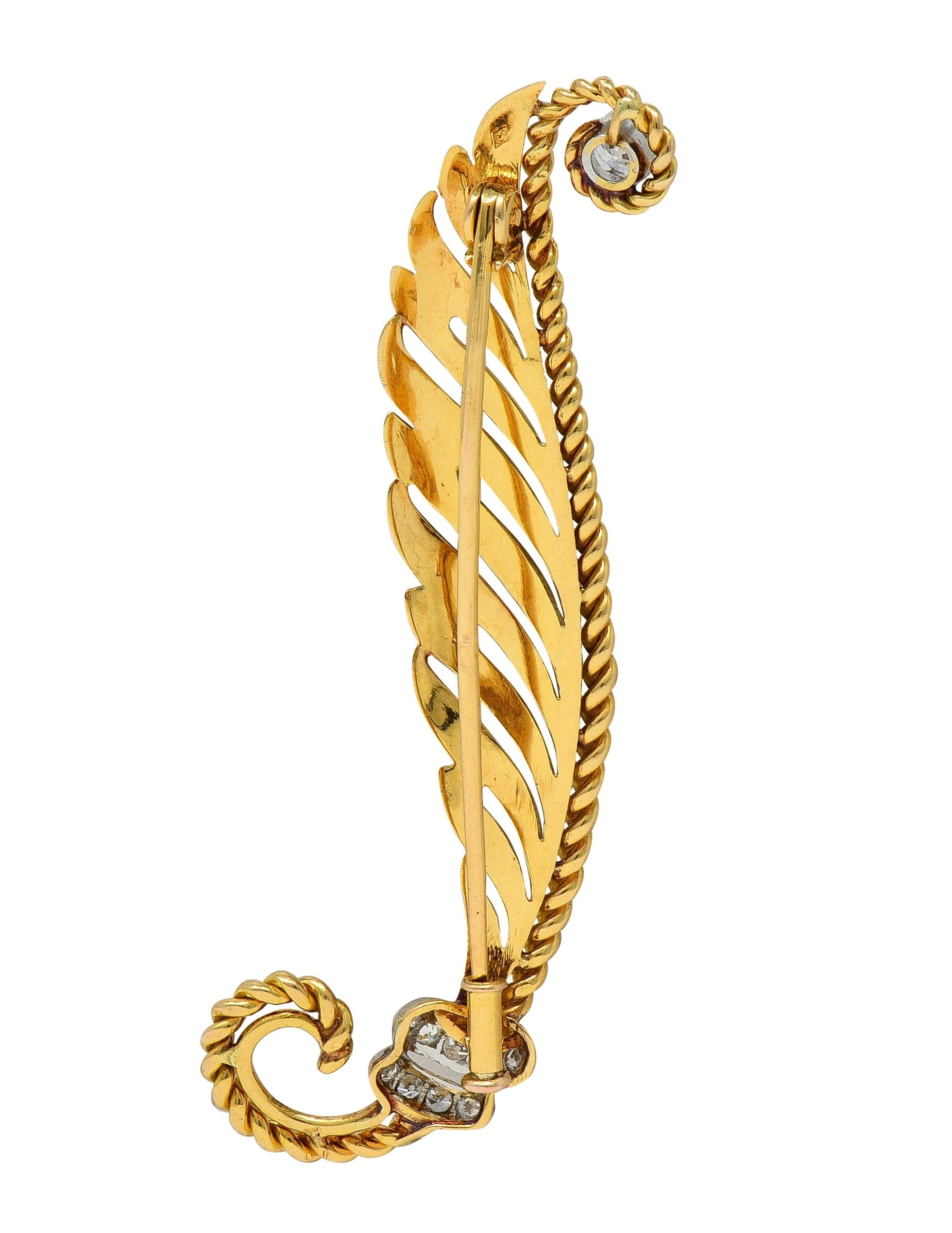 1950's French Diamond Platinum 18 Karat Yellow Gold Vintage Feather Brooch