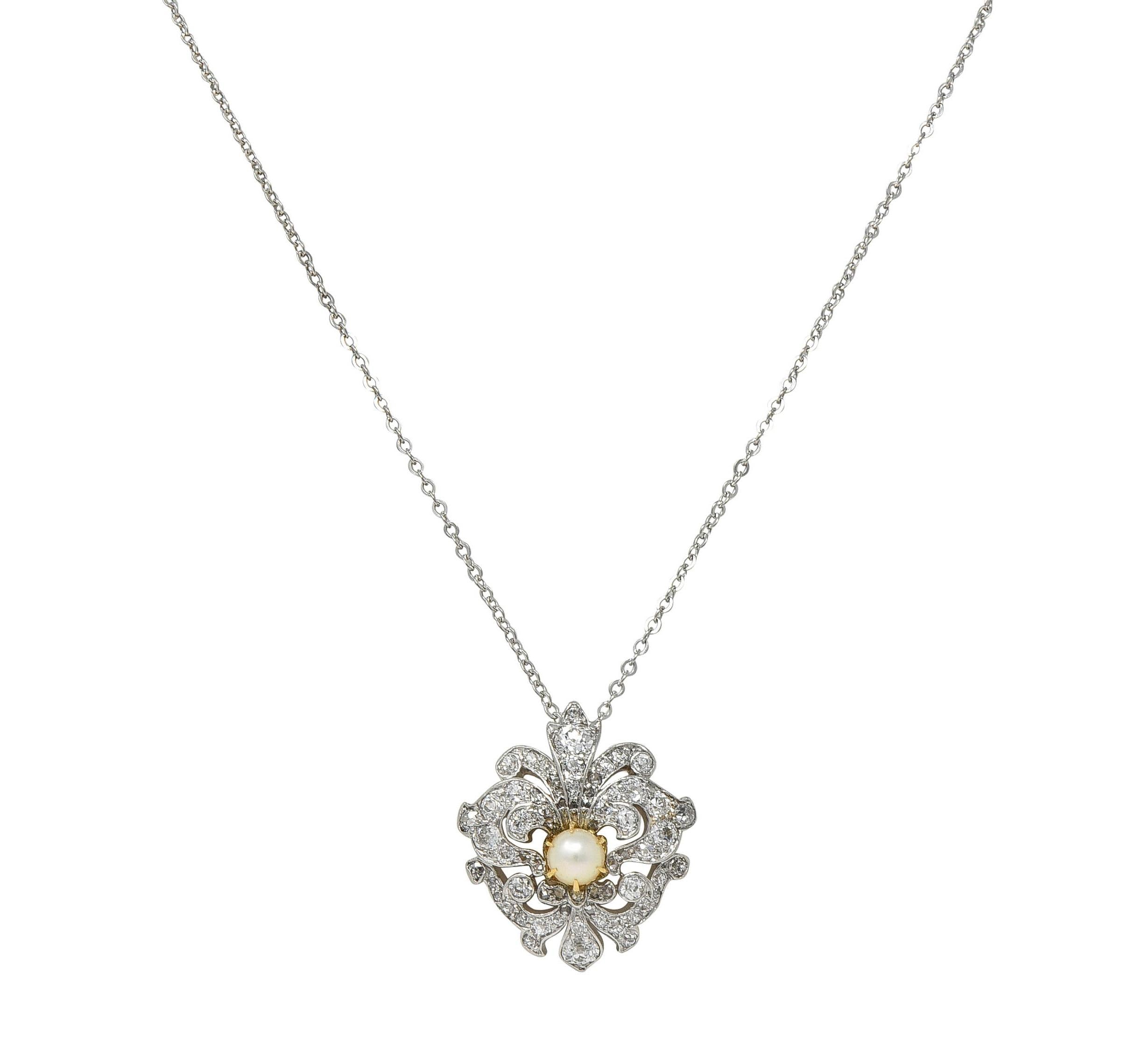 Edwardian Diamond Pearl Platinum 18K Gold Fleur-De-Lis Antique Pendant Necklace