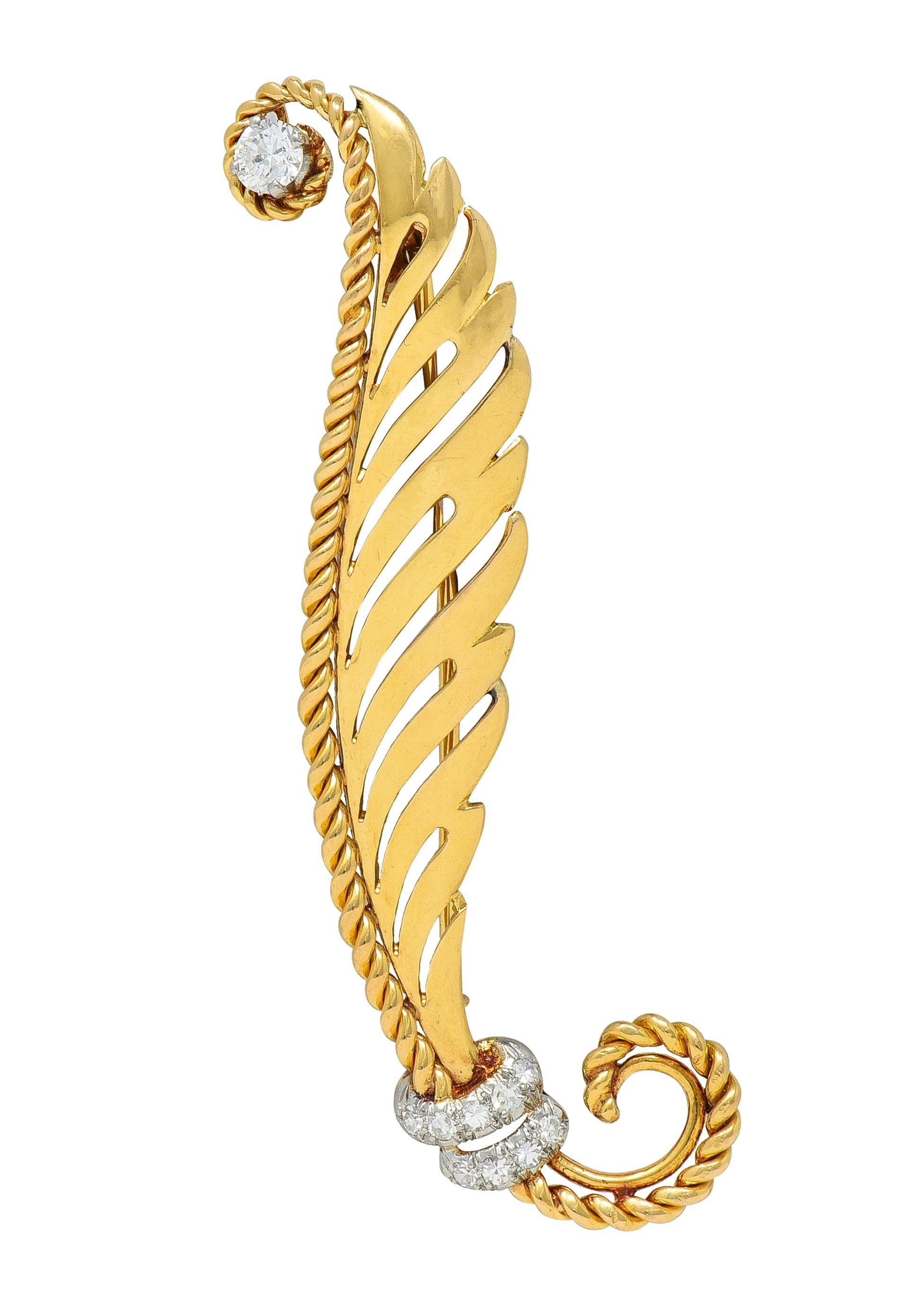 1950's French Diamond Platinum 18 Karat Yellow Gold Vintage Feather Brooch