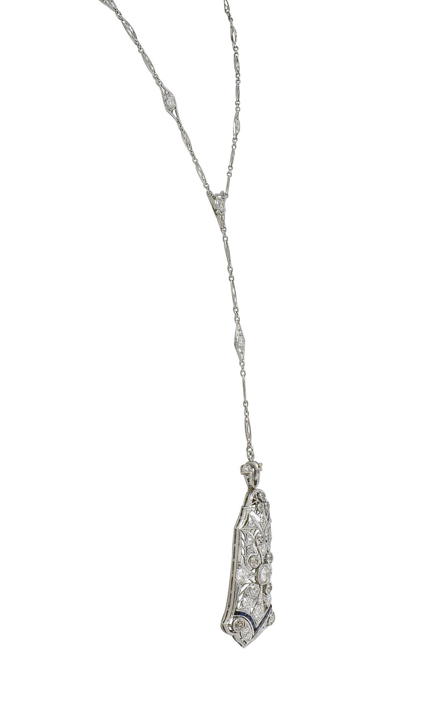 Art Deco 4.00 CTW Diamond Sapphire Platinum Vintage Sartuoir Pendant Necklace