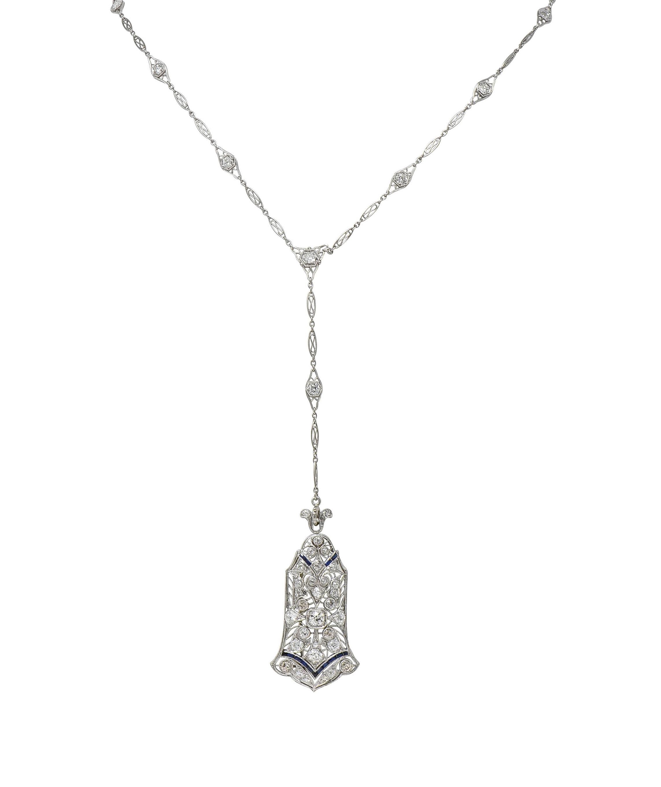 Art Deco 4.00 CTW Diamond Sapphire Platinum Vintage Sartuoir Pendant Necklace
