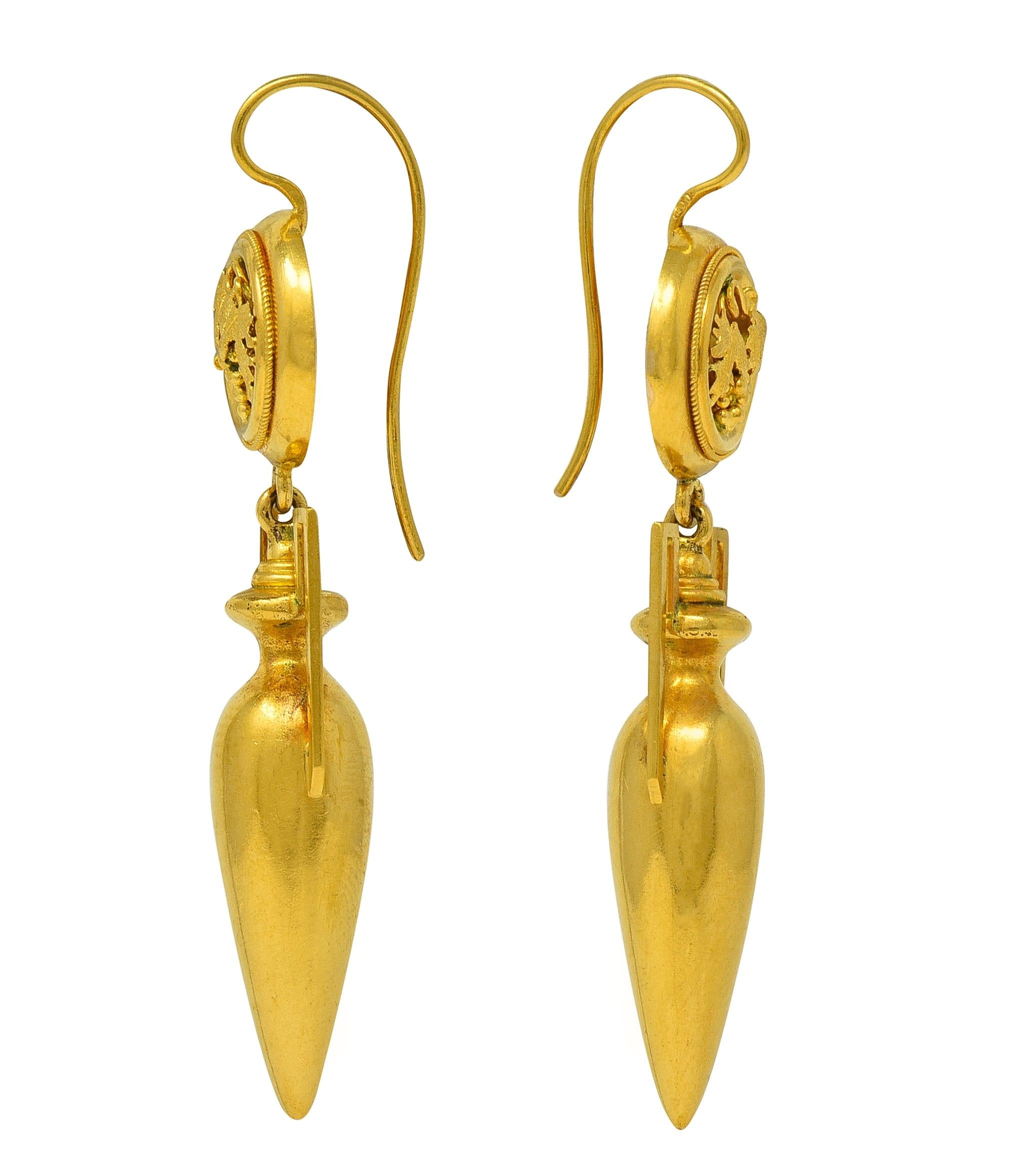 Victorian Etruscan Revival 18K Gold Antique Grapevine Amphora Drop Earrings