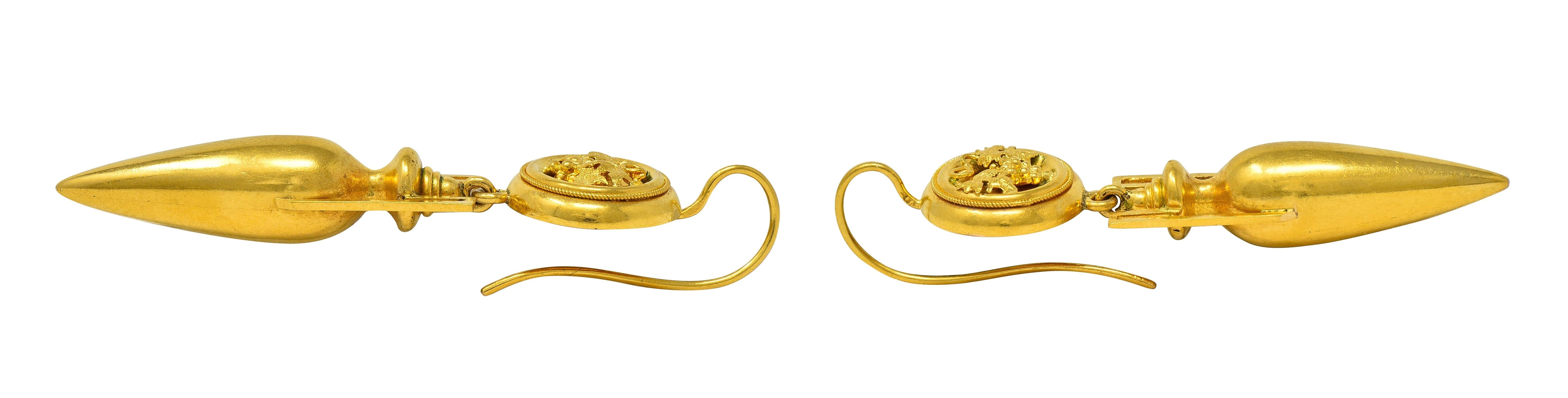 Victorian Etruscan Revival 18K Gold Antique Grapevine Amphora Drop Earrings