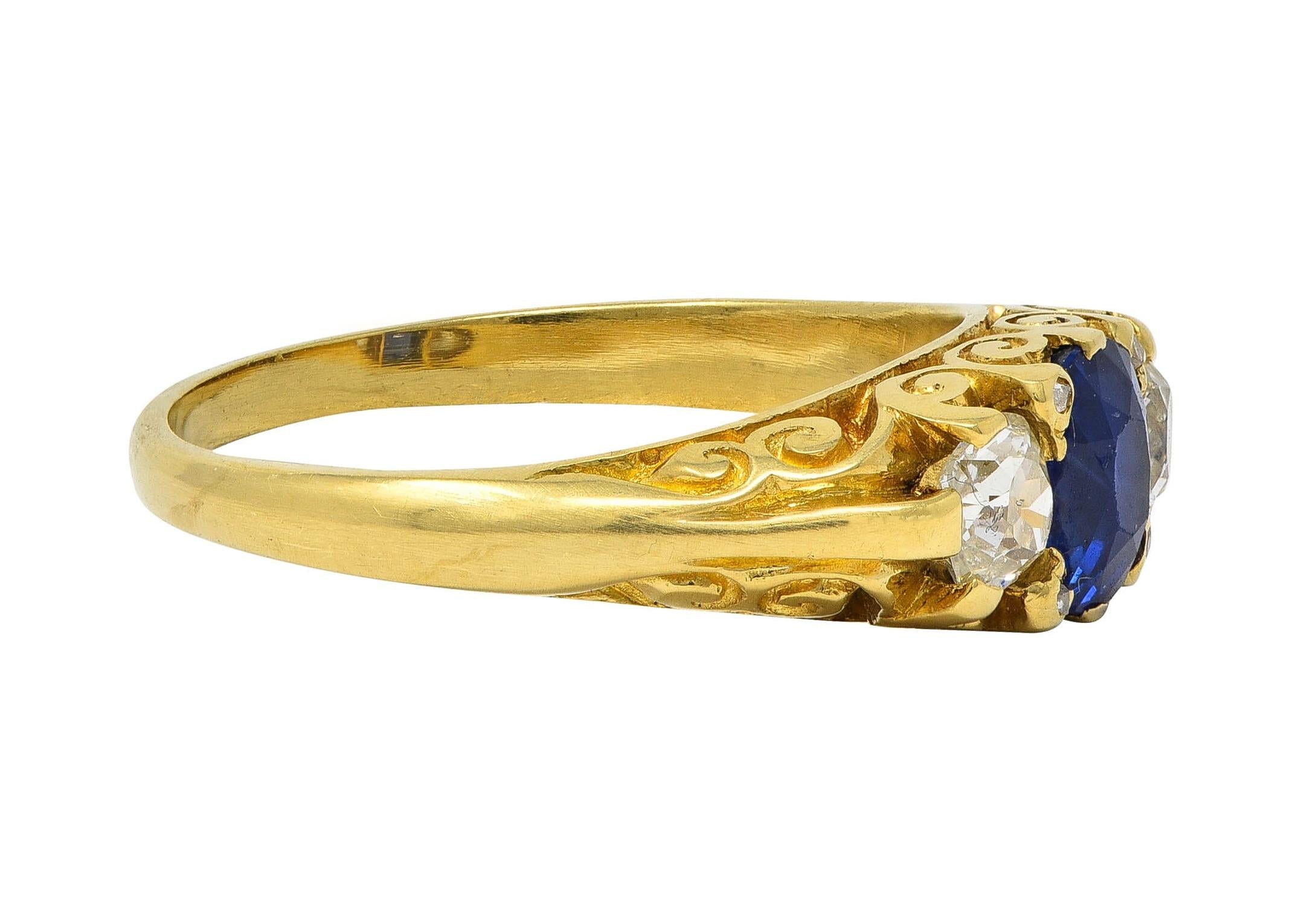 Victorian 1.54 CTW Sapphire Diamond 18K Yellow Gold Antique Scroll Band Ring
