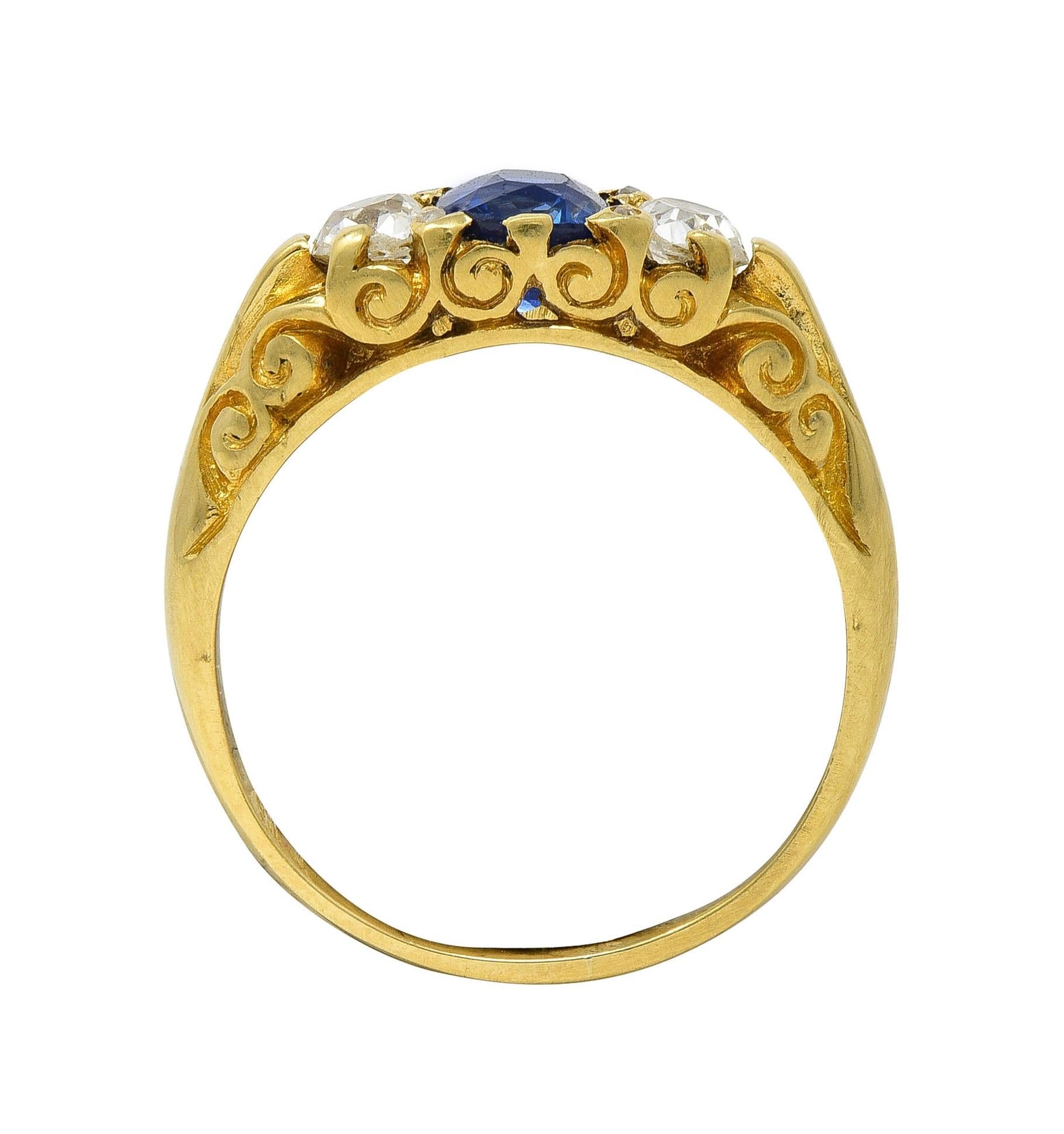 Victorian 1.54 CTW Sapphire Diamond 18K Yellow Gold Antique Scroll Band Ring