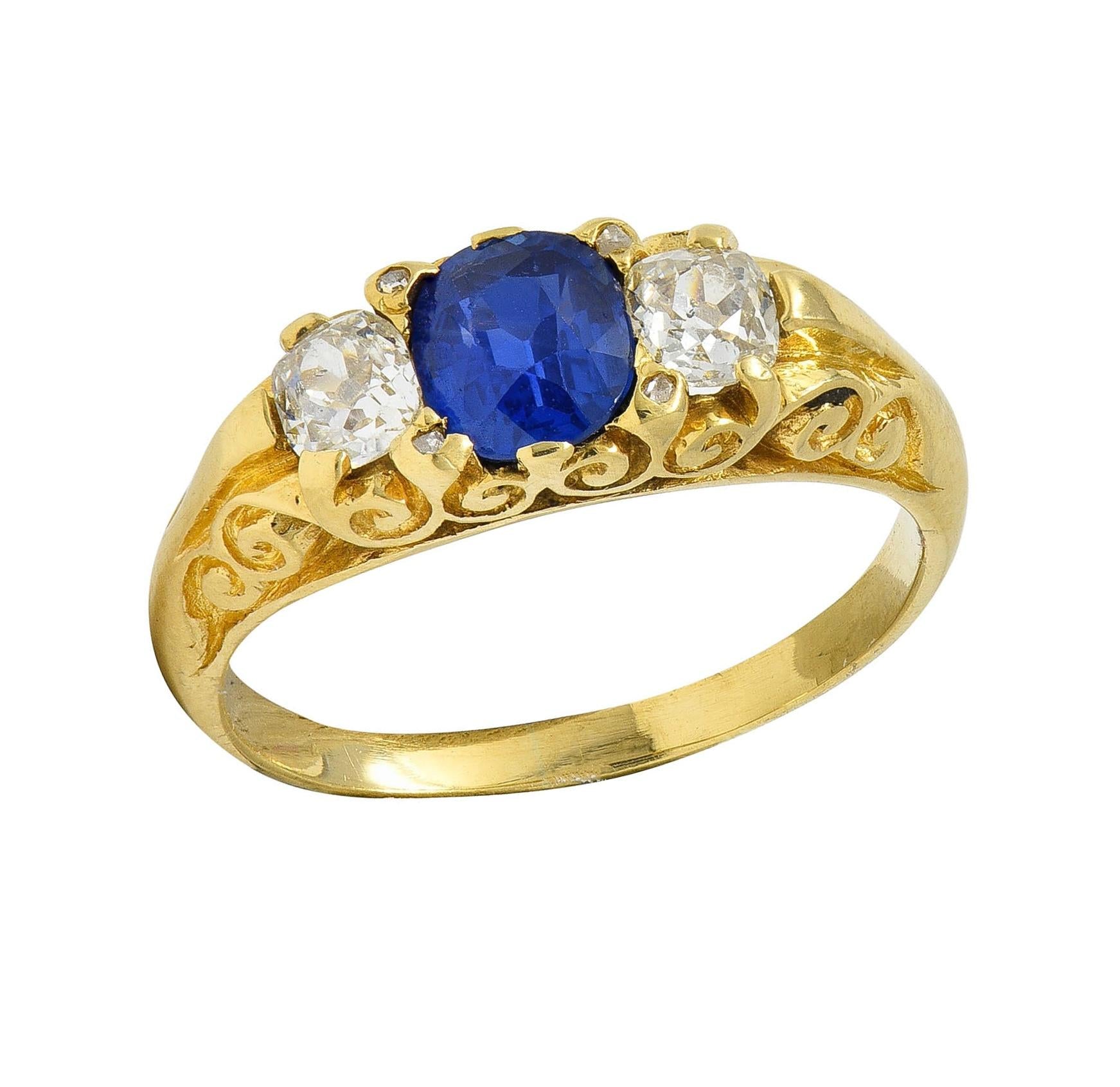 Victorian 1.54 CTW Sapphire Diamond 18K Yellow Gold Antique Scroll Band Ring