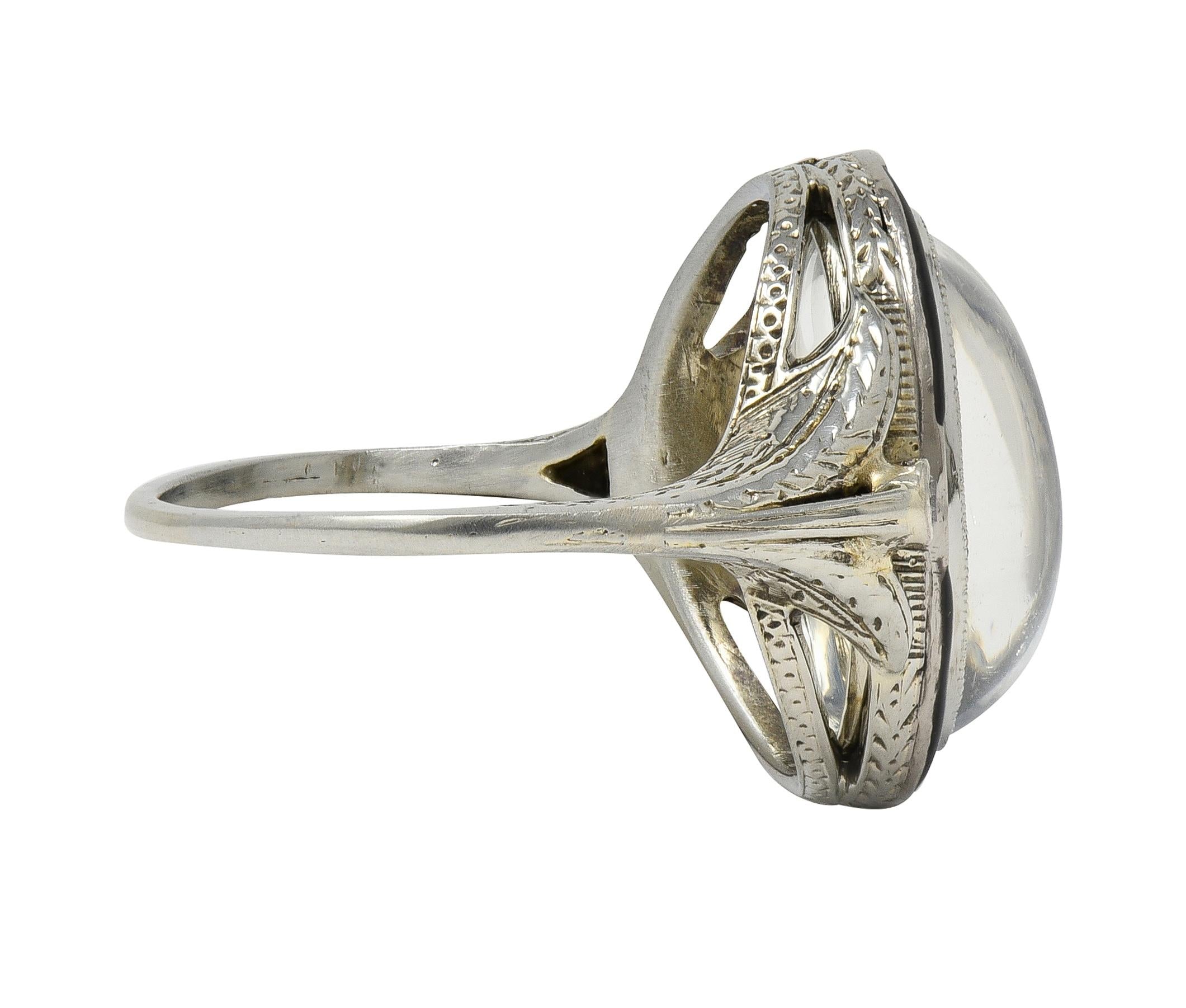 Art Deco Moonstone Diamond Enamel 18 Karat White Gold Vintage Cocktail Ring