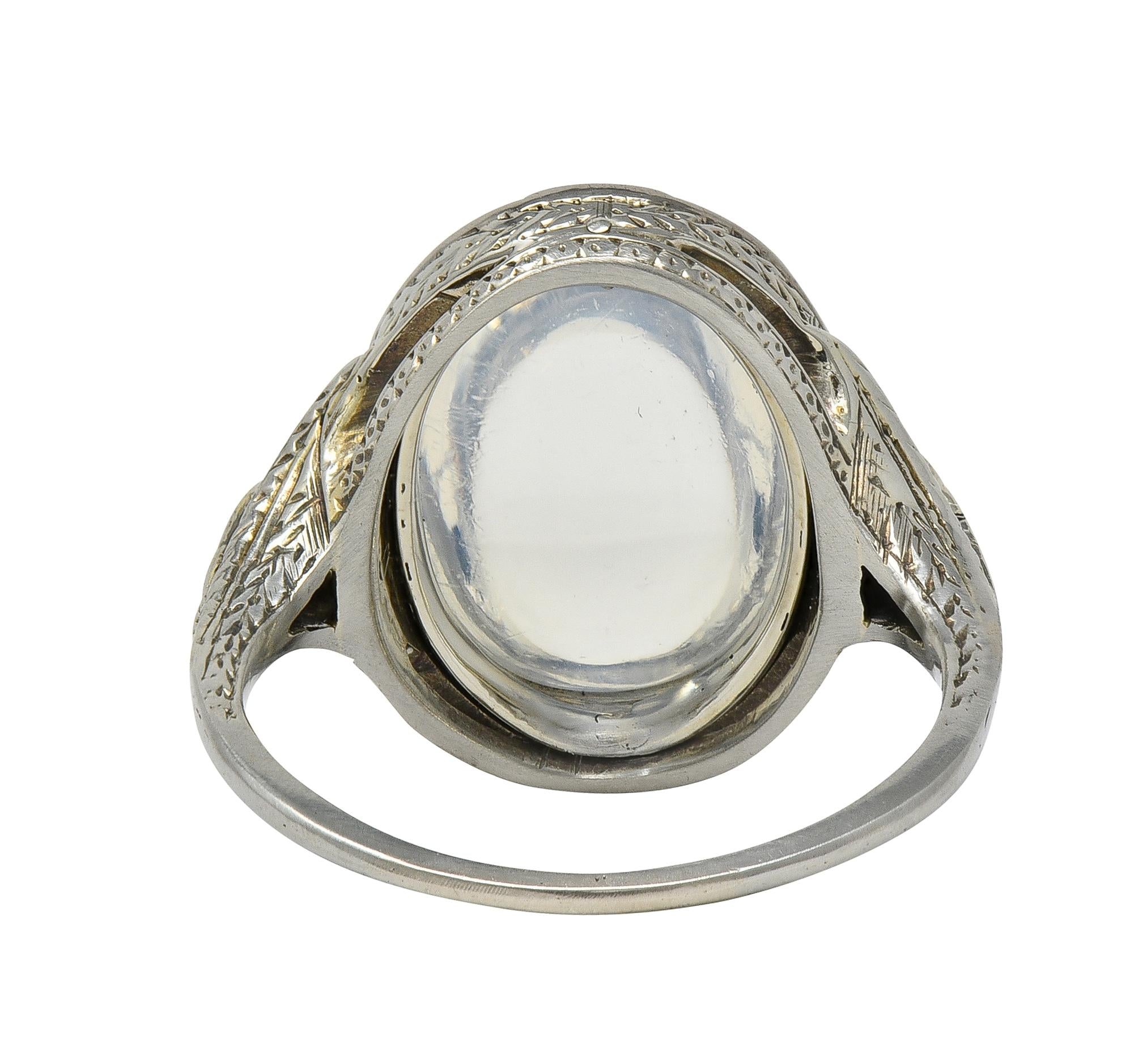 Art Deco Moonstone Diamond Enamel 18 Karat White Gold Vintage Cocktail Ring