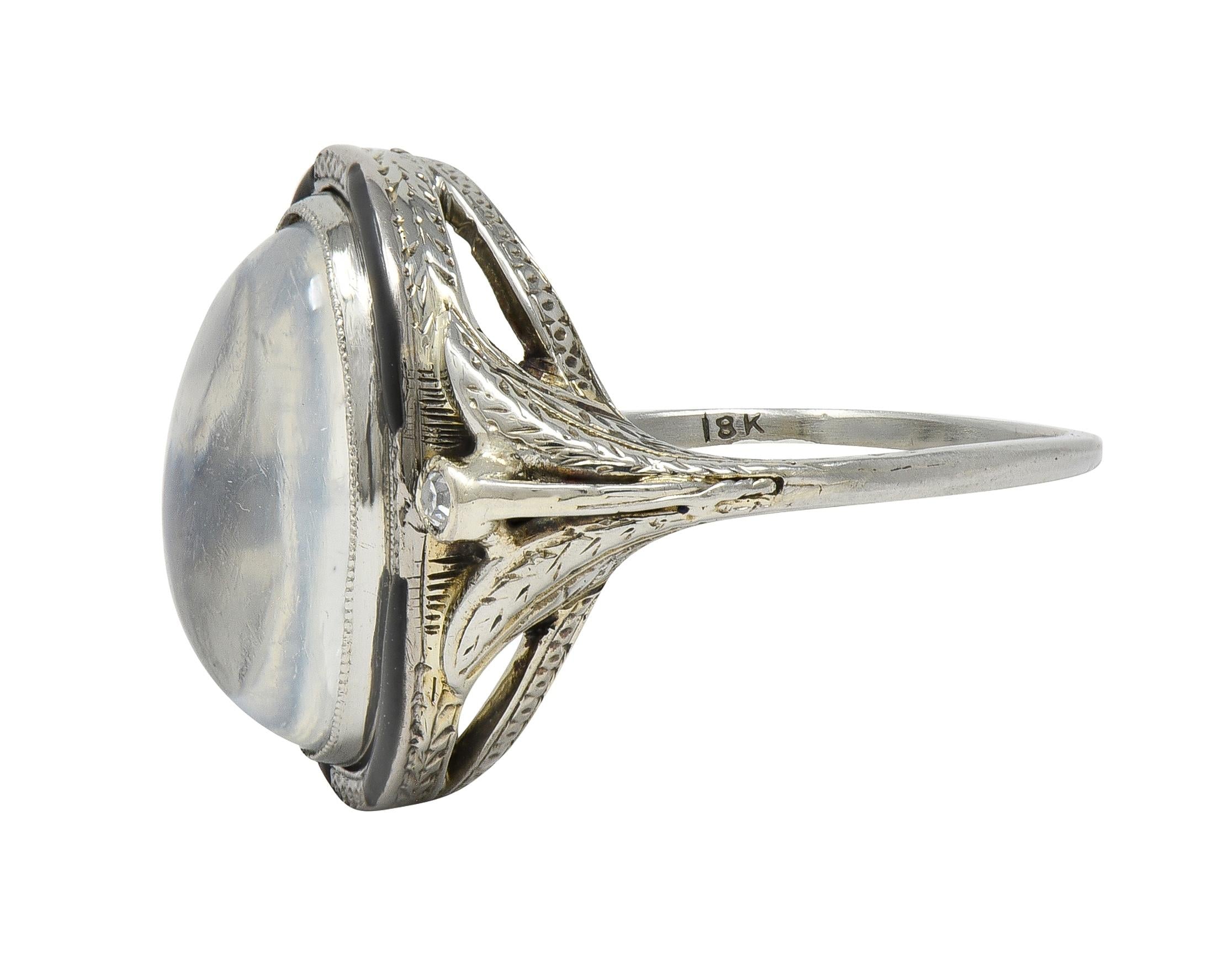 Art Deco Moonstone Diamond Enamel 18 Karat White Gold Vintage Cocktail Ring