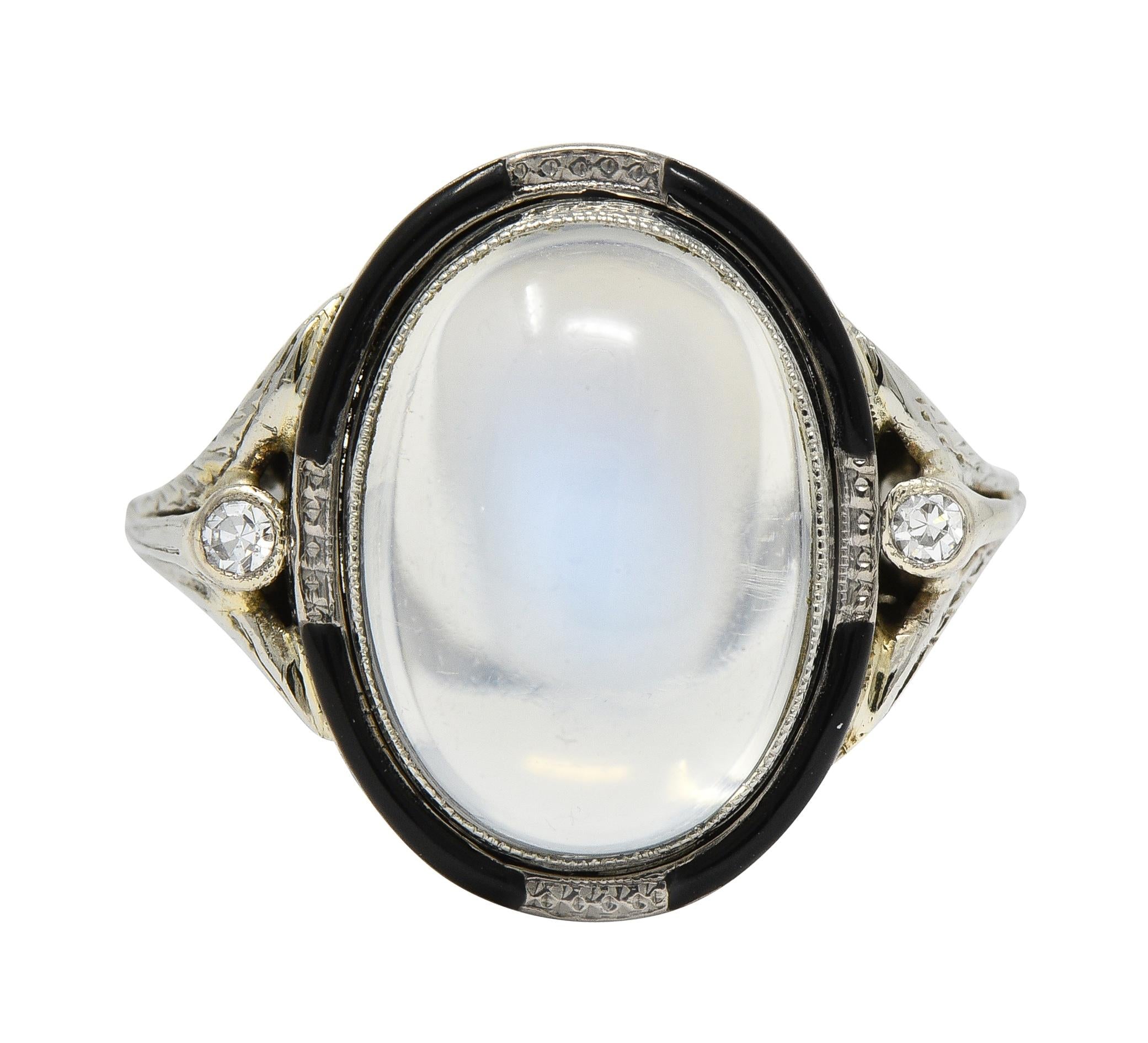 Art Deco Moonstone Diamond Enamel 18 Karat White Gold Vintage Cocktail Ring
