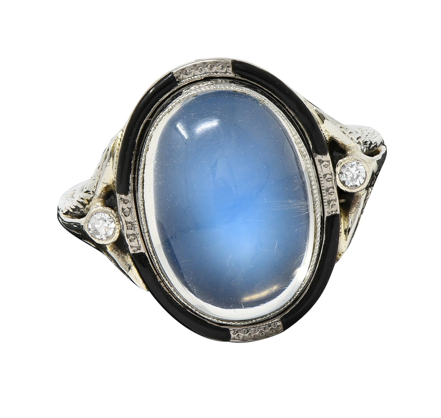 Art Deco Moonstone Diamond Enamel 18 Karat White Gold Vintage Cocktail Ring