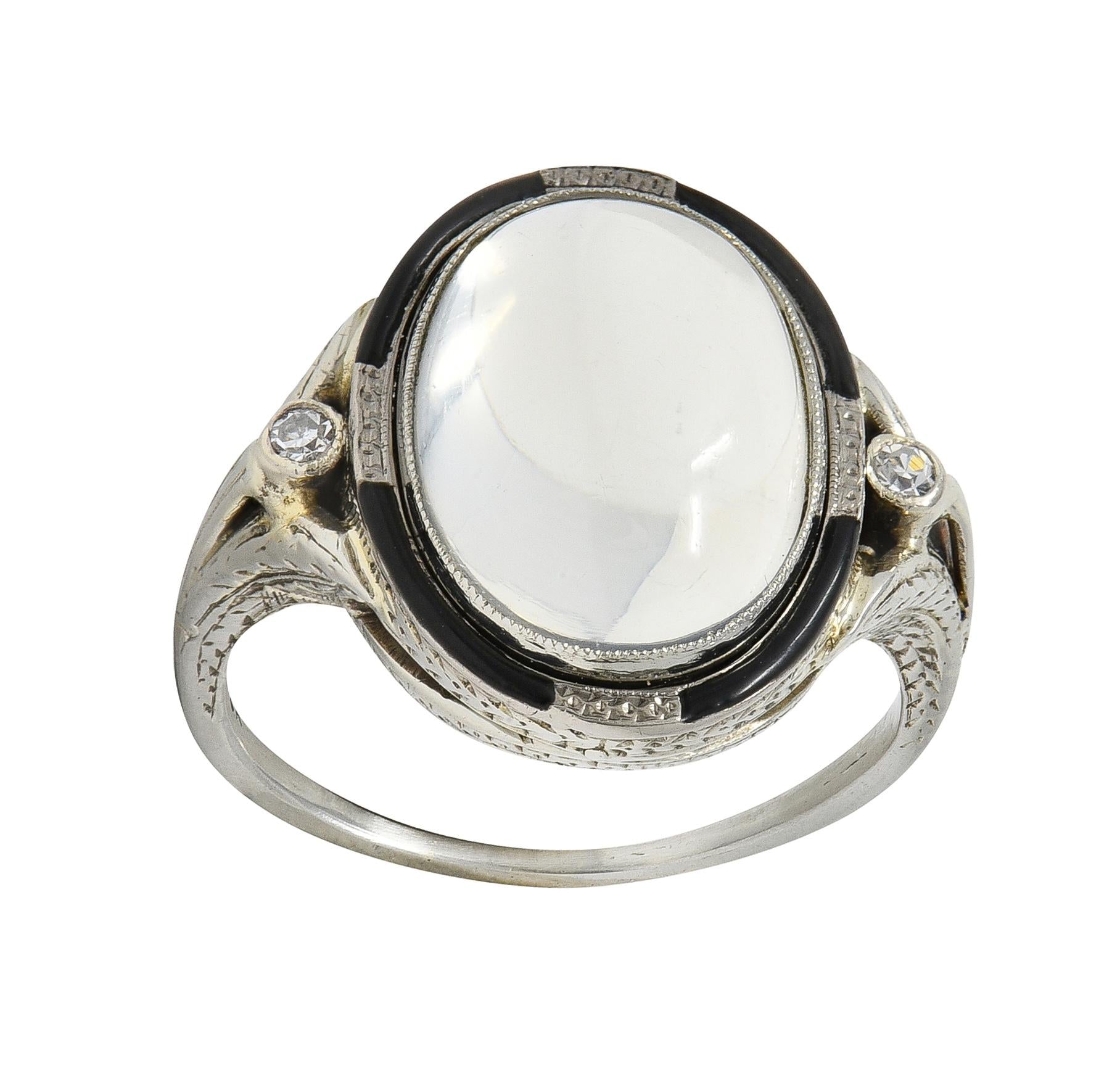 Art Deco Moonstone Diamond Enamel 18 Karat White Gold Vintage Cocktail Ring