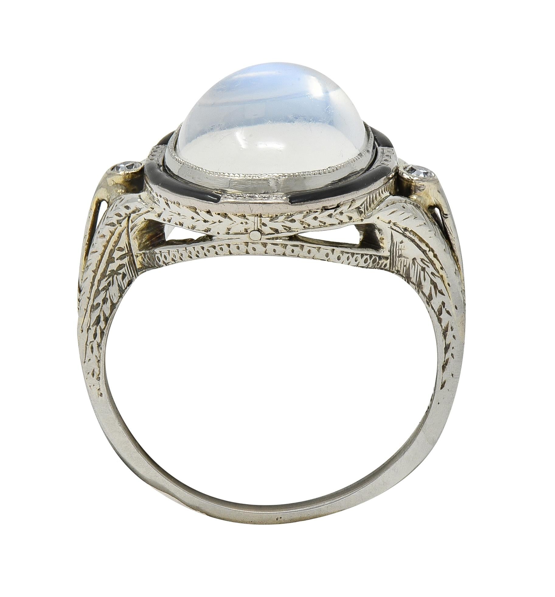 Art Deco Moonstone Diamond Enamel 18 Karat White Gold Vintage Cocktail Ring