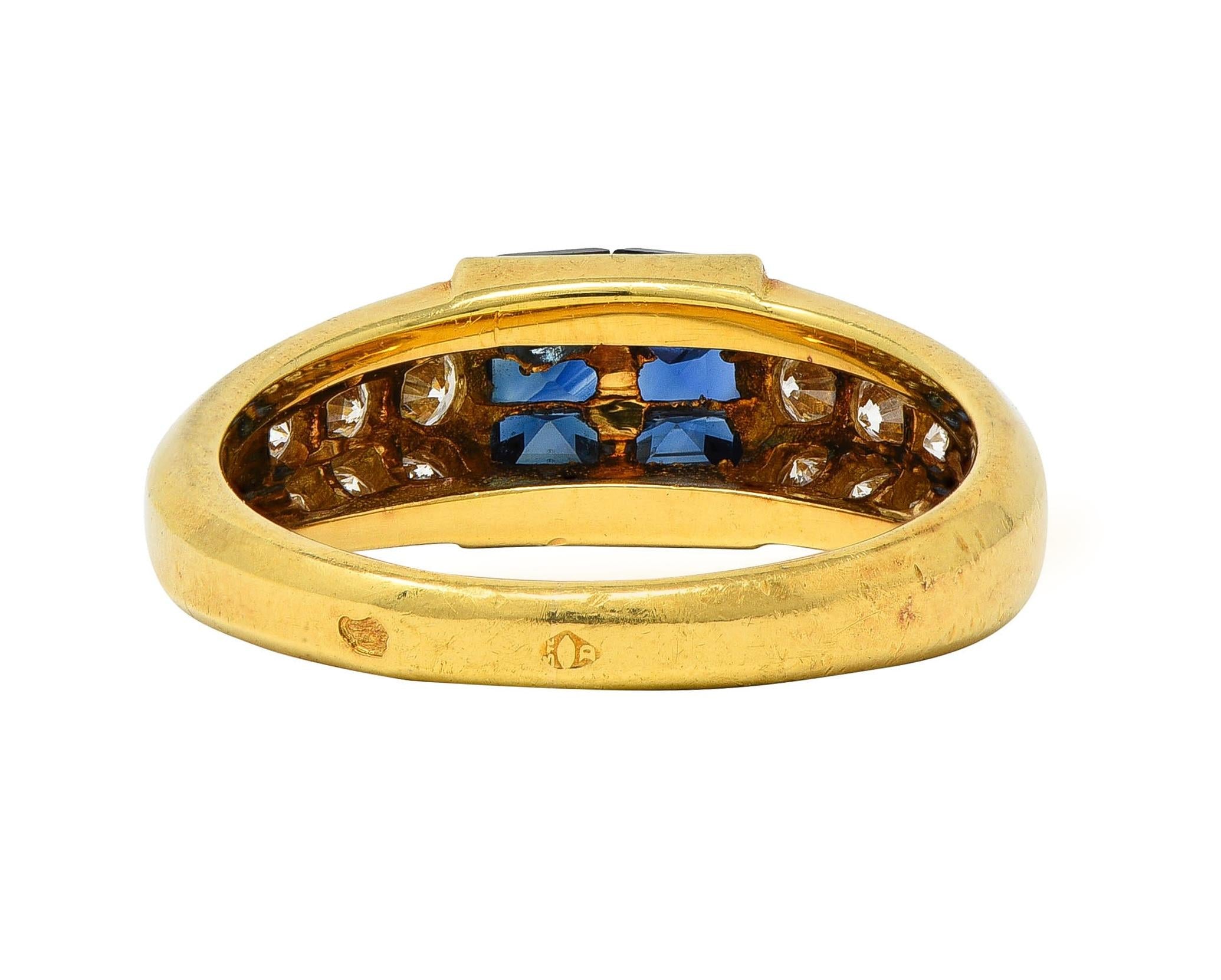 French 1960s 1.80 CTW Sapphire Diamond 18 Karat Yellow Gold Vintage Band Ring