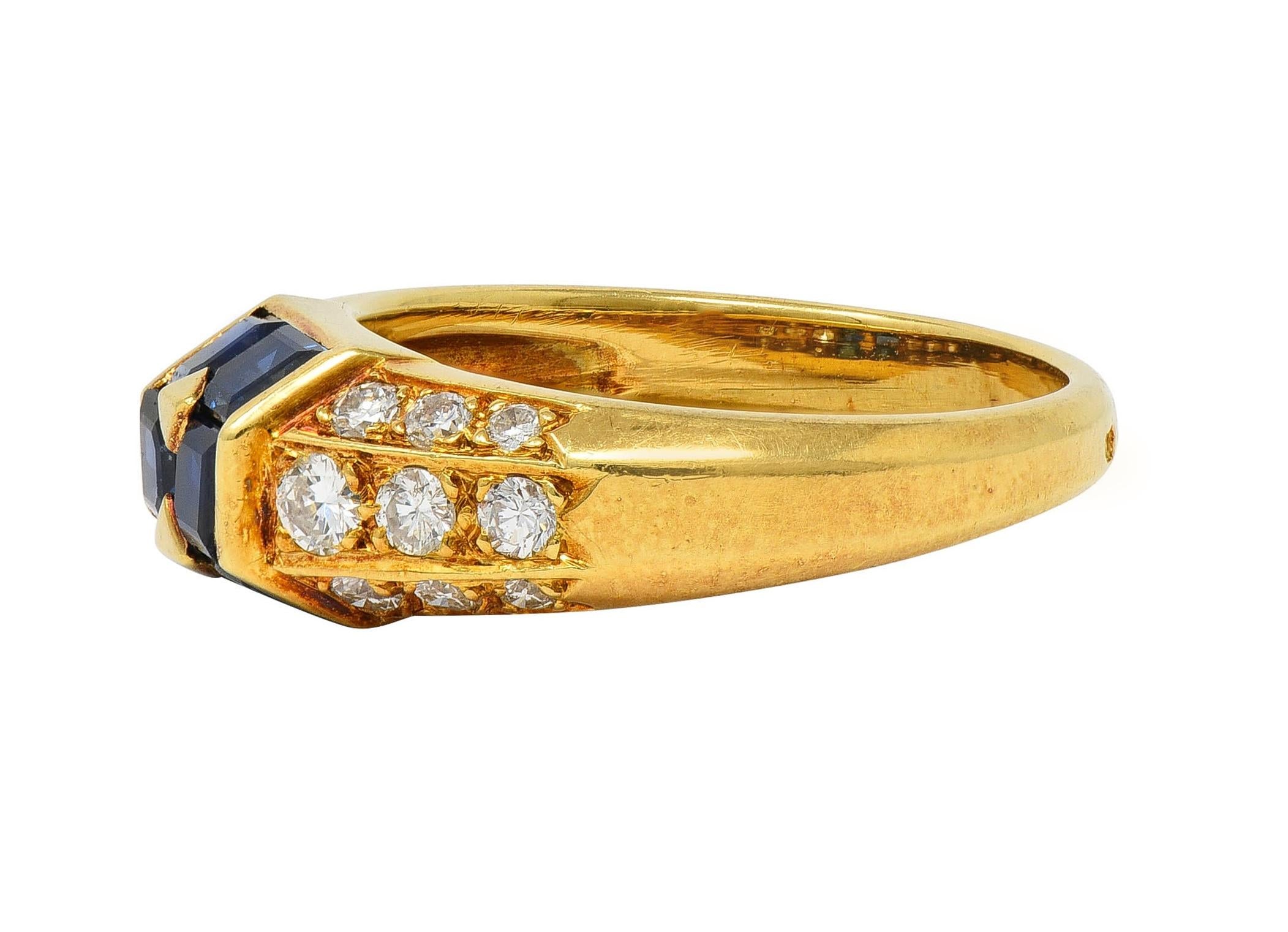 French 1960s 1.80 CTW Sapphire Diamond 18 Karat Yellow Gold Vintage Band Ring