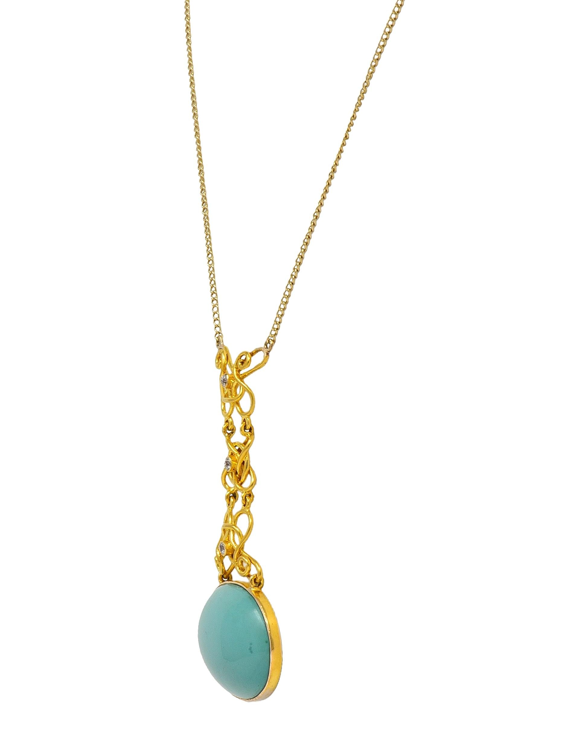 Art Nouveau Diamond Turquoise 14 Karat Gold Antique Station Chain Necklace