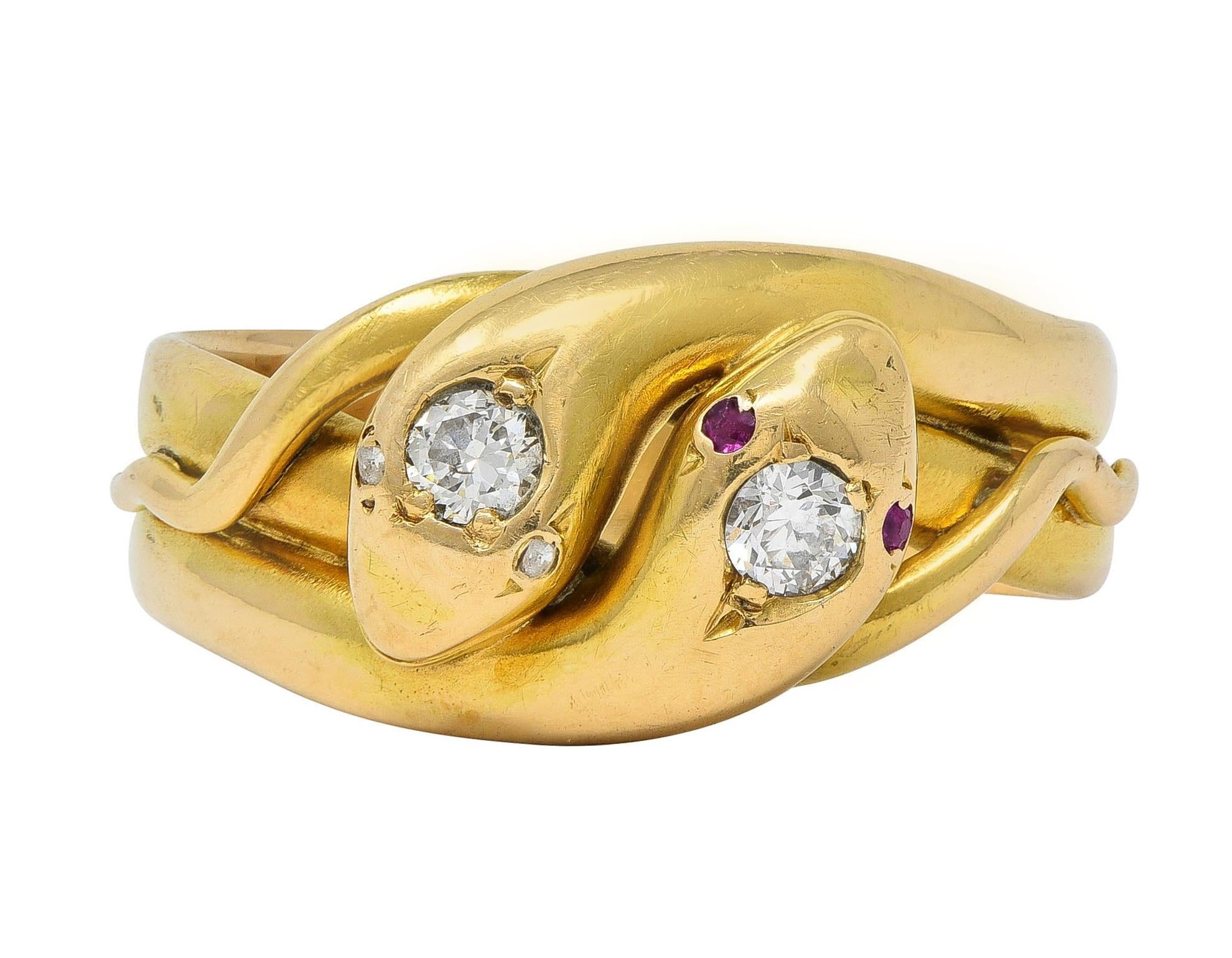 Victorian Diamond 14 Karat Yellow Gold Antique Lovers Knot Unisex Snake Ring