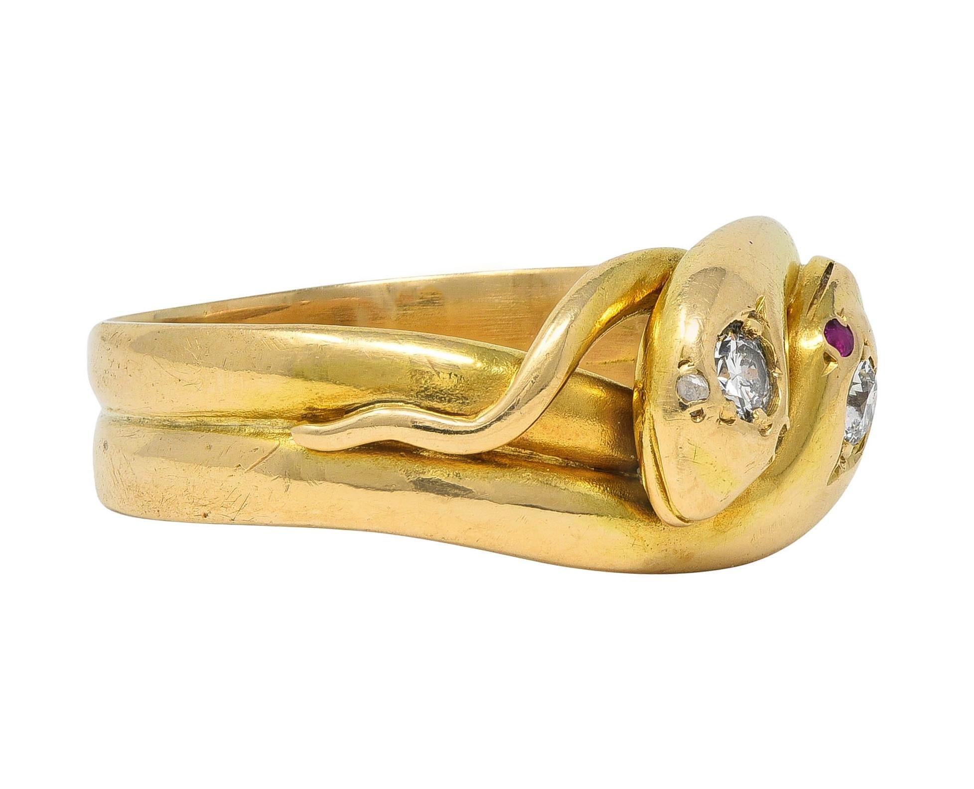 Victorian Diamond 14 Karat Yellow Gold Antique Lovers Knot Unisex Snake Ring