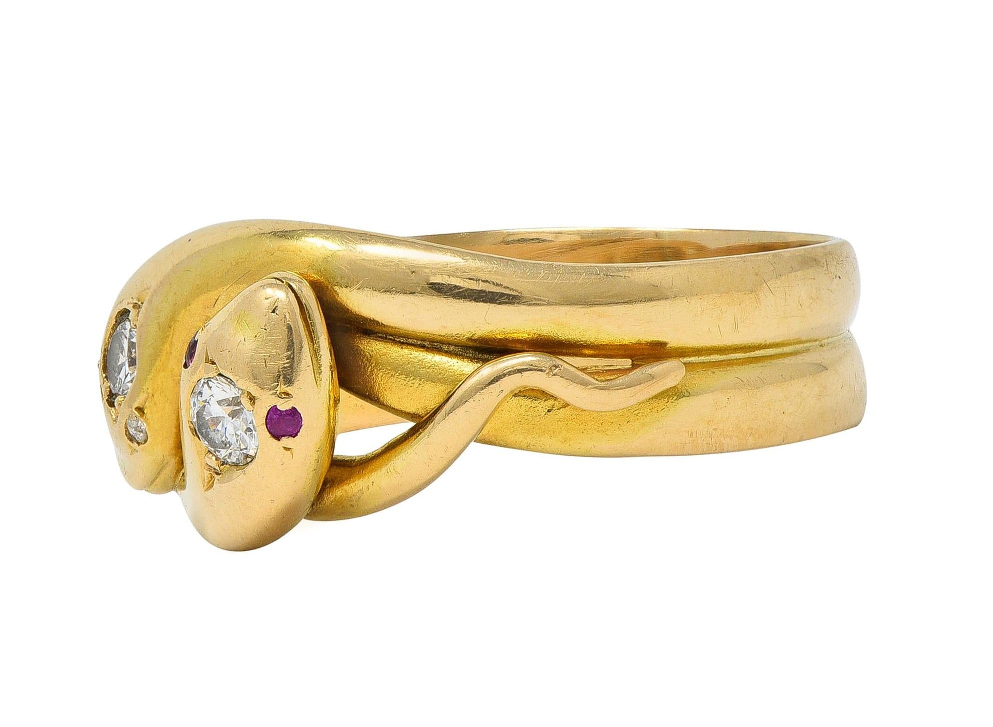 Victorian Diamond 14 Karat Yellow Gold Antique Lovers Knot Unisex Snake Ring