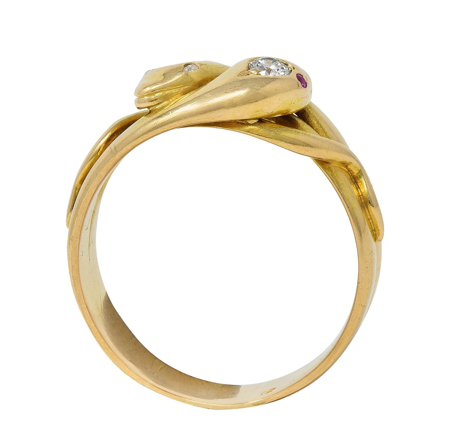 Victorian Diamond 14 Karat Yellow Gold Antique Lovers Knot Unisex Snake Ring