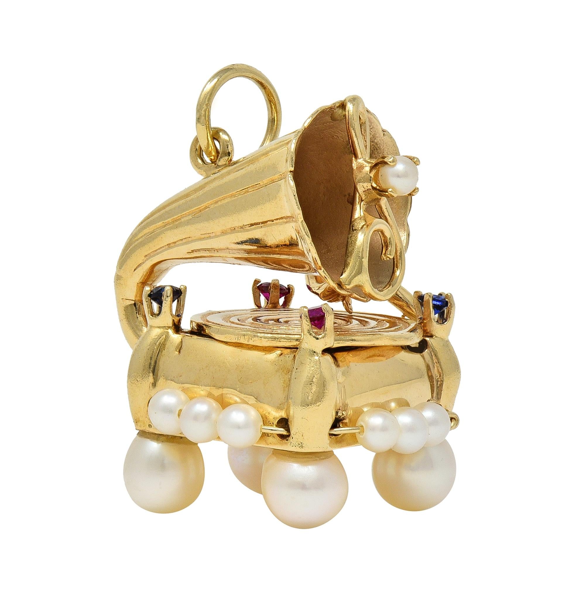 1960's Ruby Sapphire Pearl 14K Yellow Gold Vintage Record Player Pendant Charm