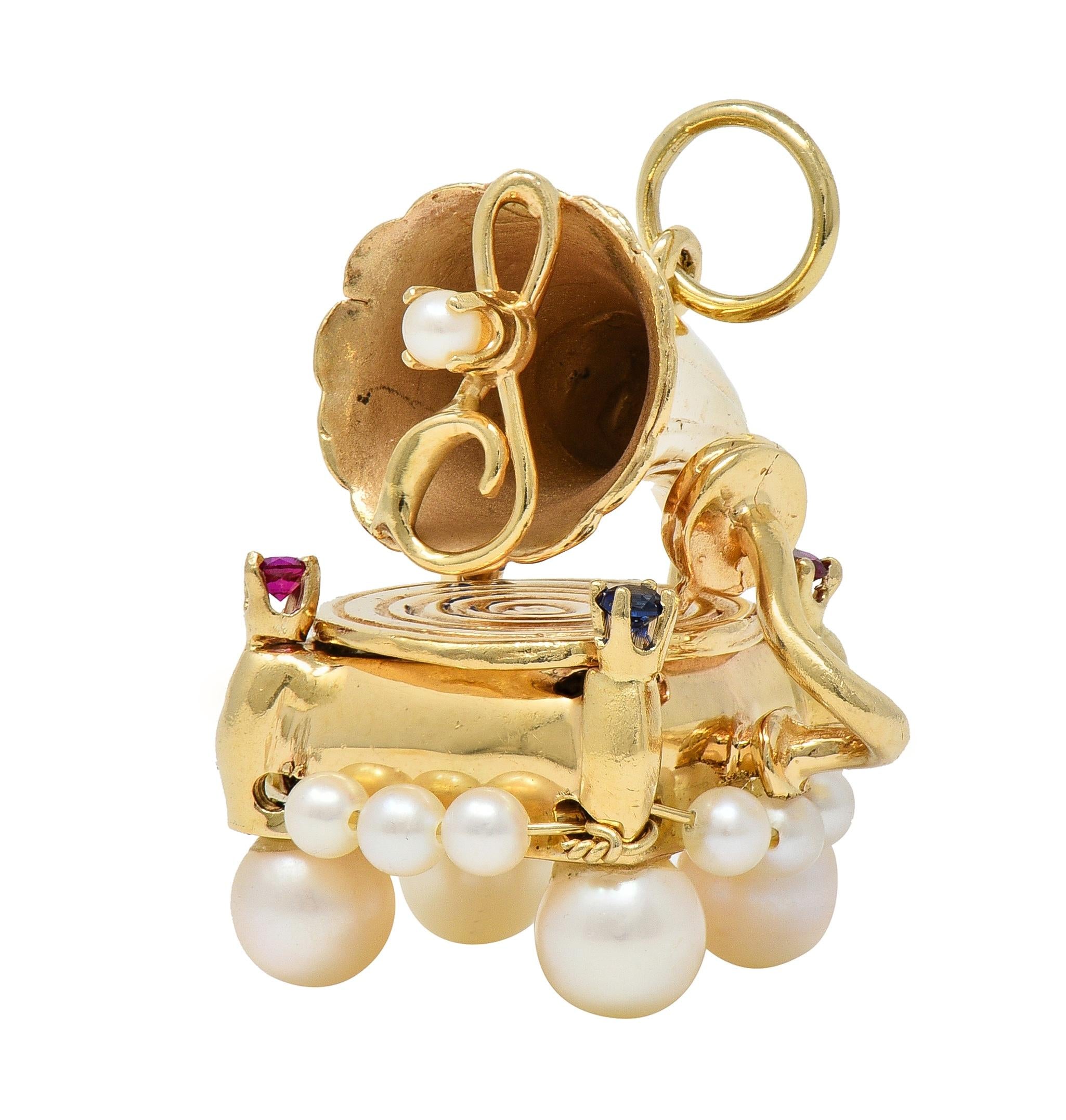 1960's Ruby Sapphire Pearl 14K Yellow Gold Vintage Record Player Pendant Charm