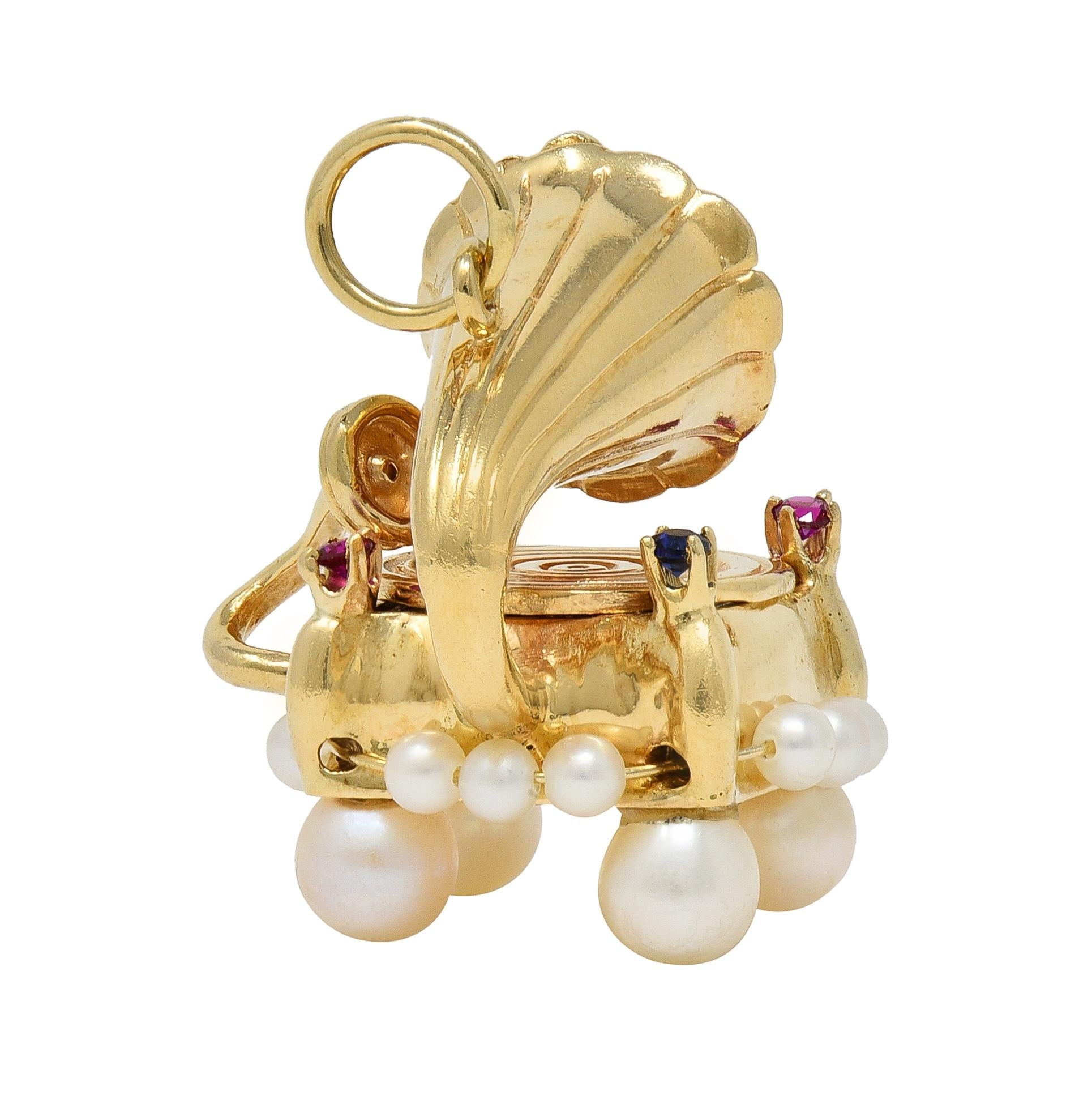 1960's Ruby Sapphire Pearl 14K Yellow Gold Vintage Record Player Pendant Charm