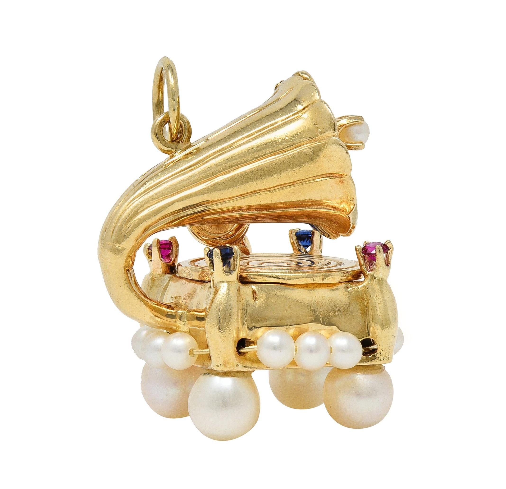 1960's Ruby Sapphire Pearl 14K Yellow Gold Vintage Record Player Pendant Charm